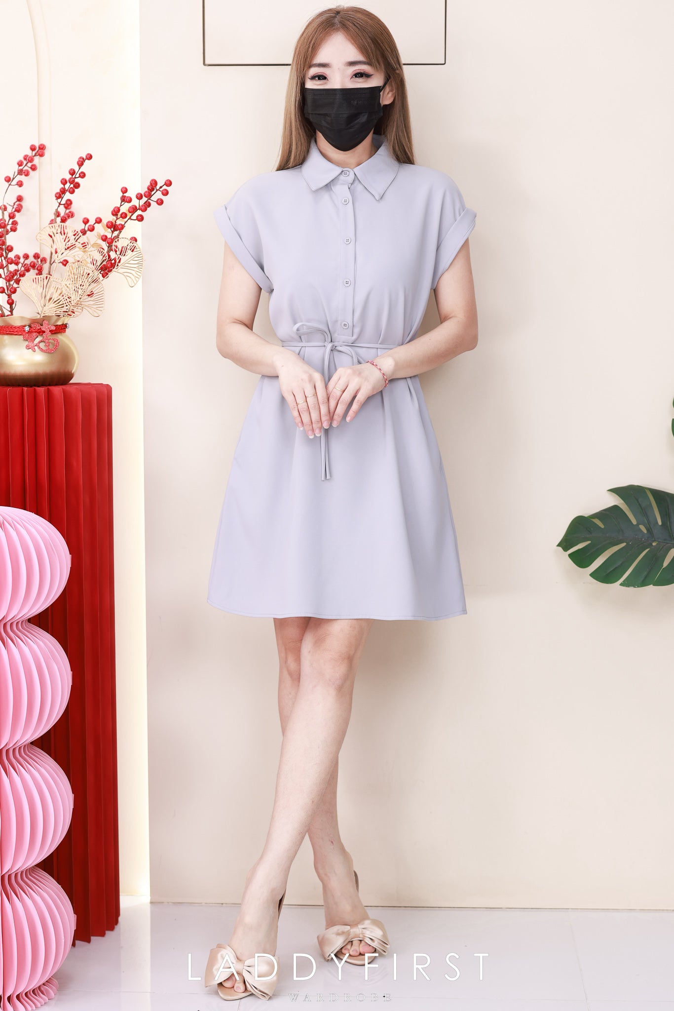 【D1783】独家爆款高品质翻领短袖收腰自绑细带西装垂感慵懒休闲风连身裙子，有口袋 ❤️❤️【A-R2-C1】