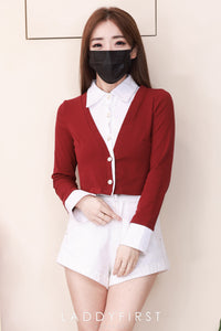 【T83108】高品质假两件式设计御姐风POLO领拼接纯棉弹力长袖百搭上衣 ❤❤ 【B-R1-C6】