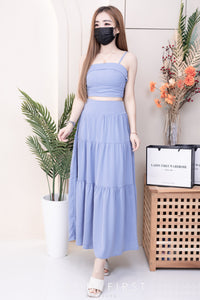 【SS32189】LFW独家爆款两件式仙气温柔风雪纺套装 自调无袖肩带抹胸上衣，后副伸缩弹力➕高腰显瘦大摆蛋糕长裙，内层有里布 ❤️❤️ 【B-R1-C3】