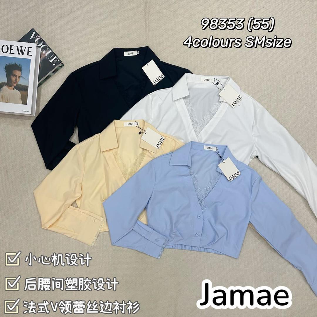 【T98353】高品质V领拼接蕾丝边短版衬衫长袖上衣 ❤️❤️