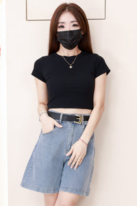 【S83095】高品质简约时尚欧美牛仔阔腿四分高腰百搭短裤，有口袋 #配送腰带 ❤️❤️