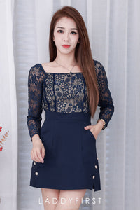 【D7254】高品质方领长袖蕾丝上衣拼接西装连身裙子，内层有里布短裤，有口袋 ❤️❤️ 【A-R1-C3】