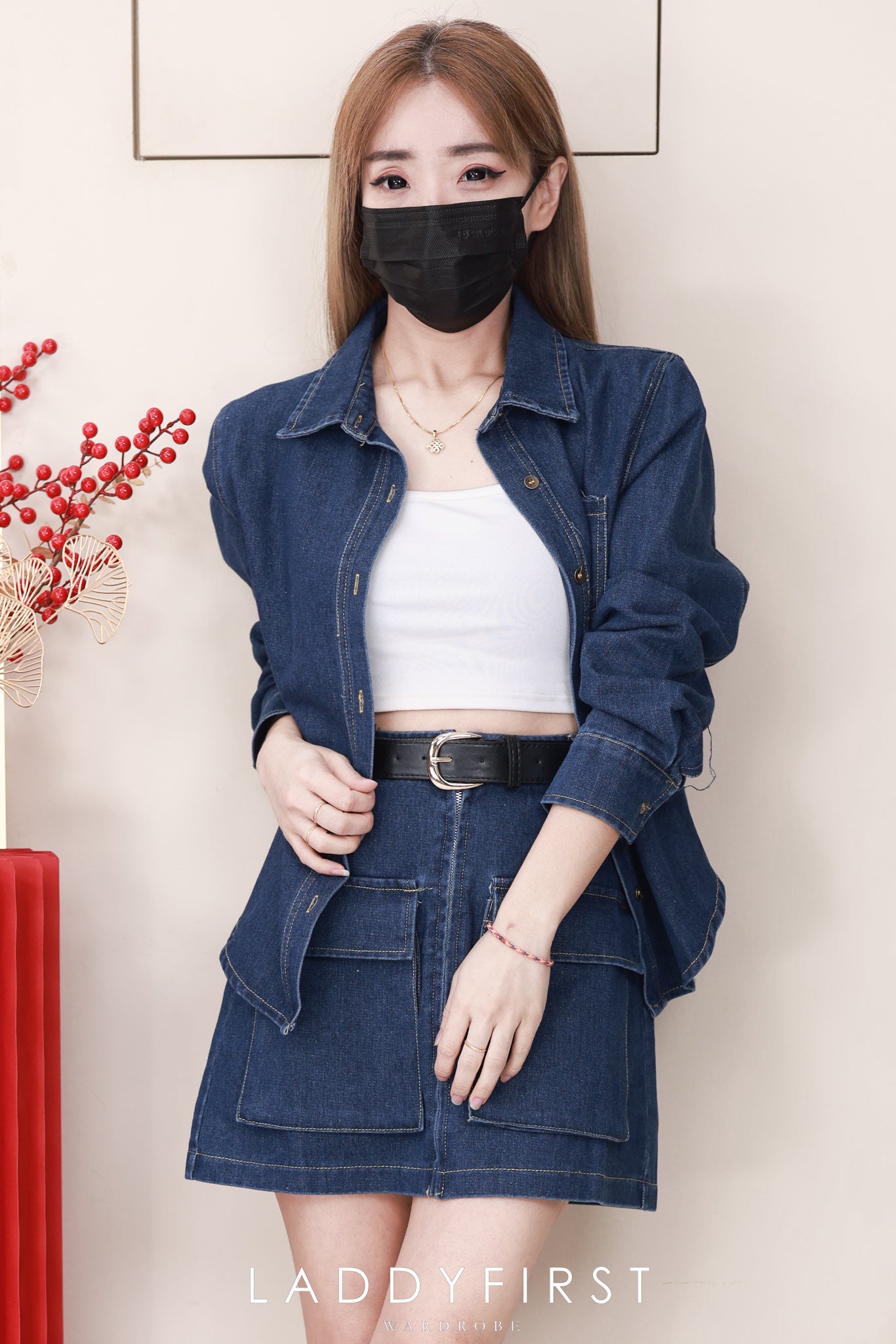 【D7702】高品质美式复古风翻领长袖牛仔连身裙子，附送腰带，有口袋 ❤❤【B-R1-C6】