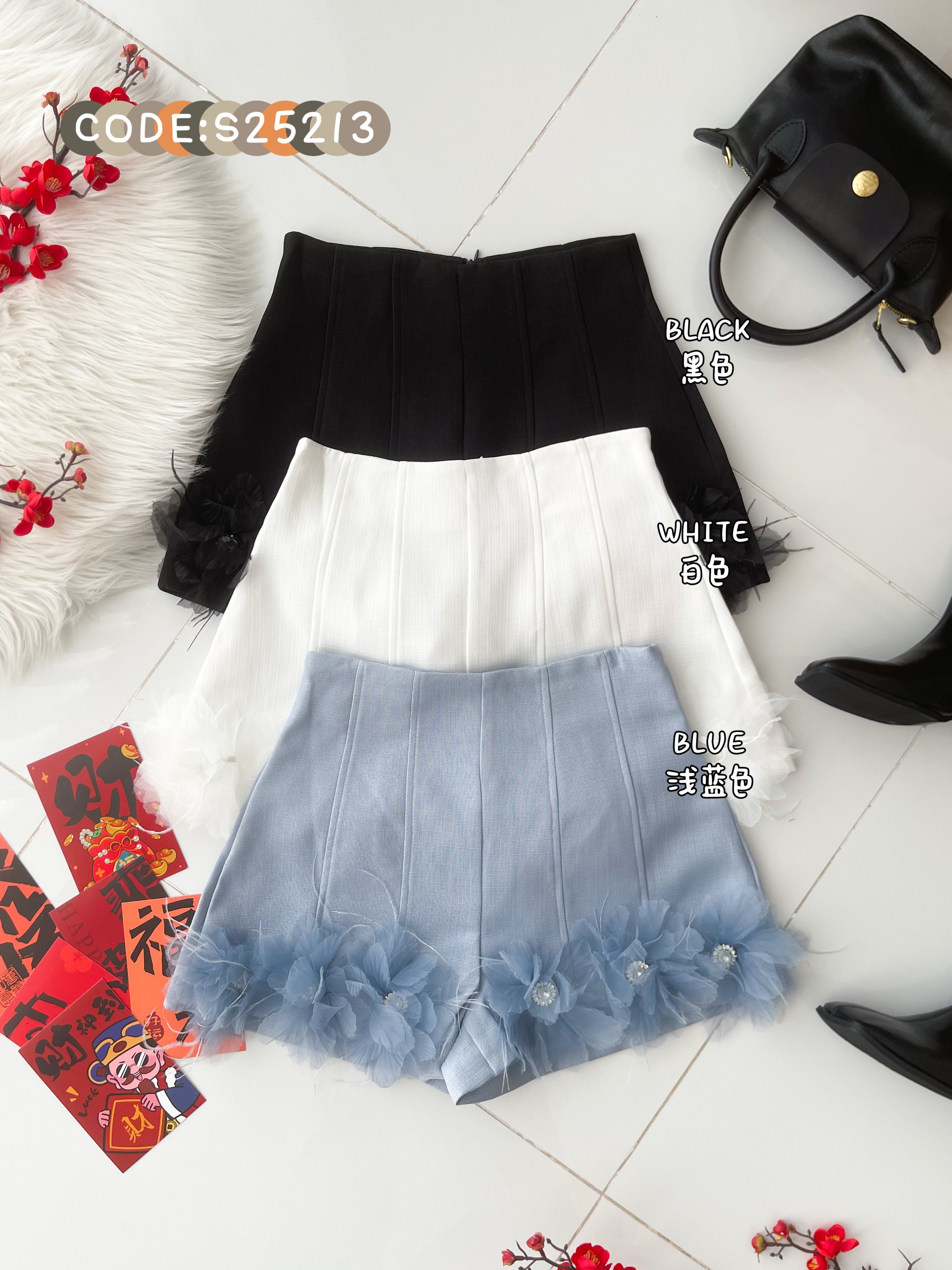 【S25213】【补厂家现货⚡️⚡️】高品质高端仙子立体花瓣小香风高腰短裤 ❤️❤️