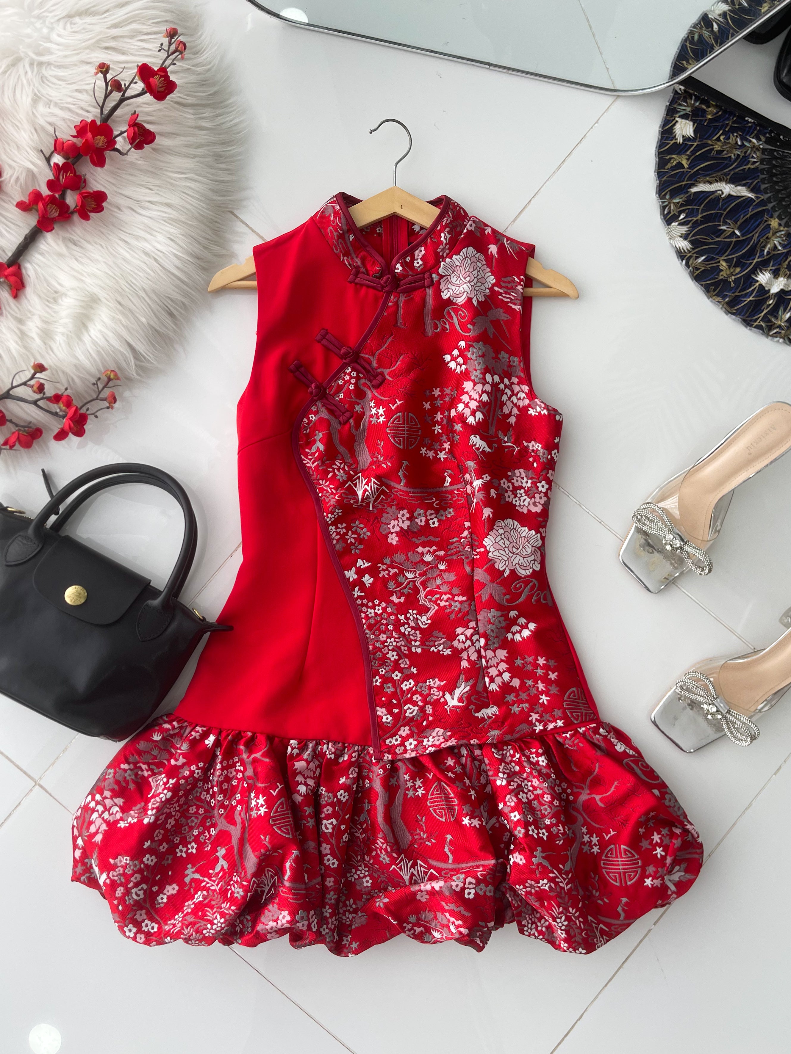 【D55252-1】⚡补货预订款⚡高品质气质国风花苞提花旗袍连身裙子，内层有里布短裤 ❤❤