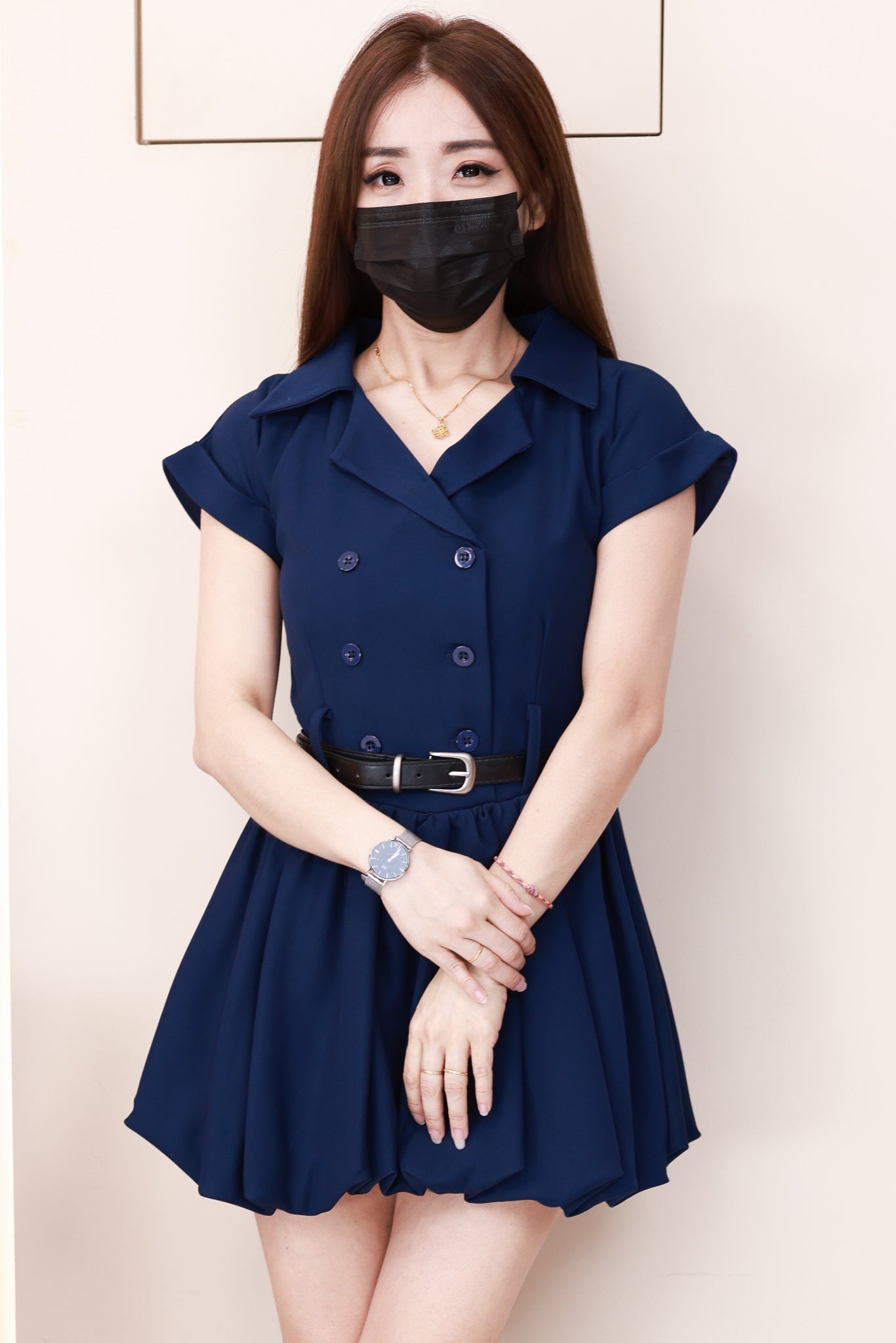 【D2975】高品质翻领短袖减龄韩式西装花苞连身裙子，内层有里布短裤 #配送腰带 ❤❤【B-R2-C6】