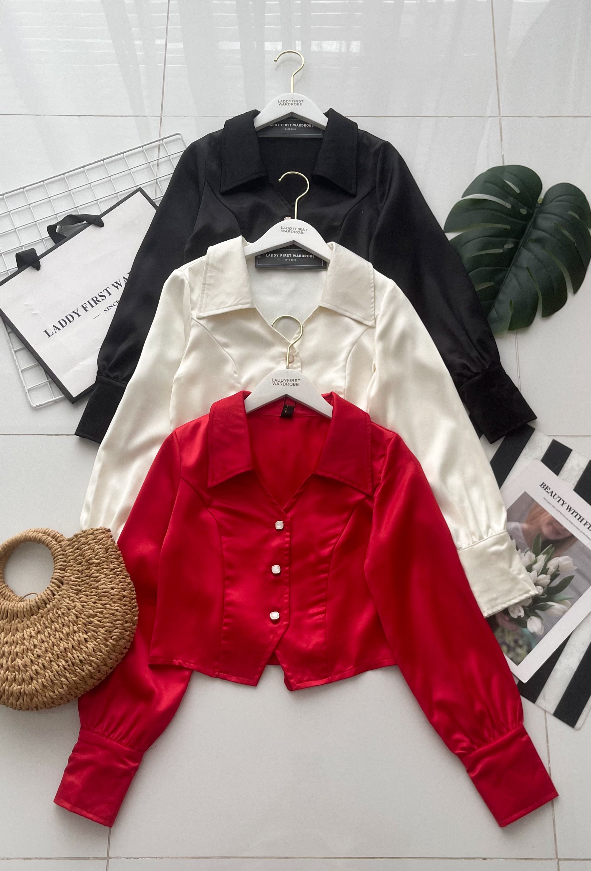 【T16962】高品质港式复古时尚气质显瘦长袖缎面上衣 ❤❤