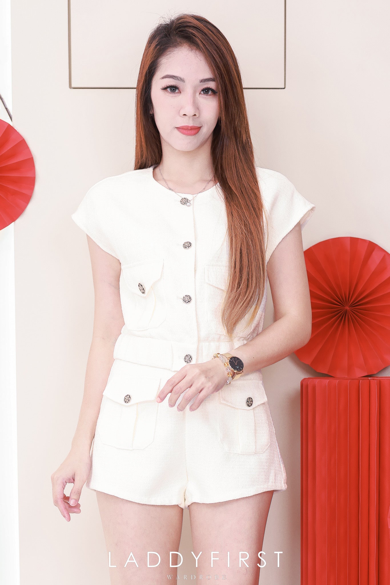 【SS3509】【LFW独家小圆饼】高品质两件式简约时尚小香风套装 小香风出袖上衣➕小香风高腰百搭短裤，有口袋 ❤️❤️
