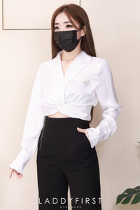 【T25143】高品质V翻领抓交叉设计缎面长袖气质时装上衣 ❤❤【A-R1-C5】