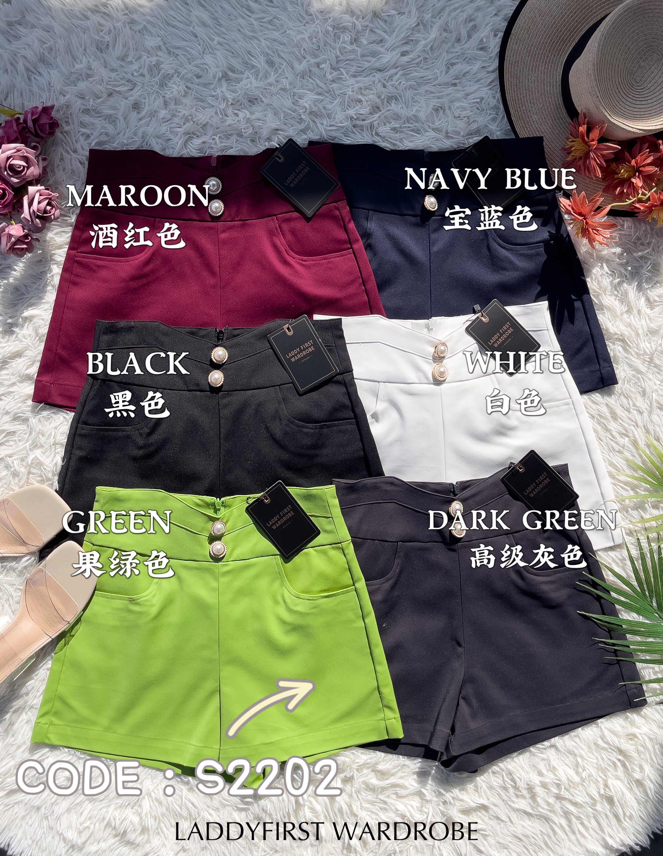 【S2202】西装高腰百搭短裤，有口袋，后中隐形拉链【B-R1-C1】