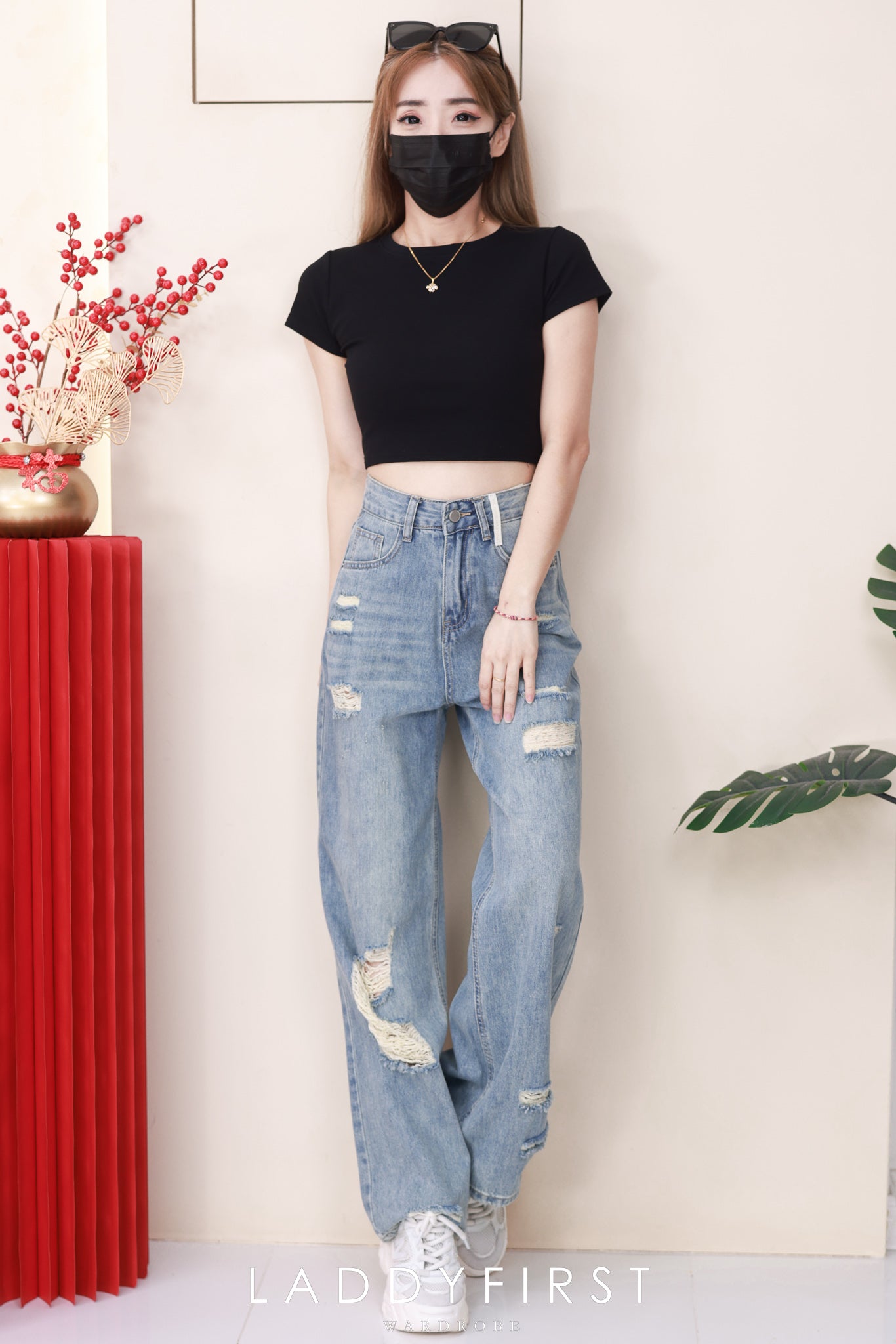 【L50231】高品质牛仔阔脚破洞直筒高腰长裤，有口袋 ❤️❤️【B-R2-C2】