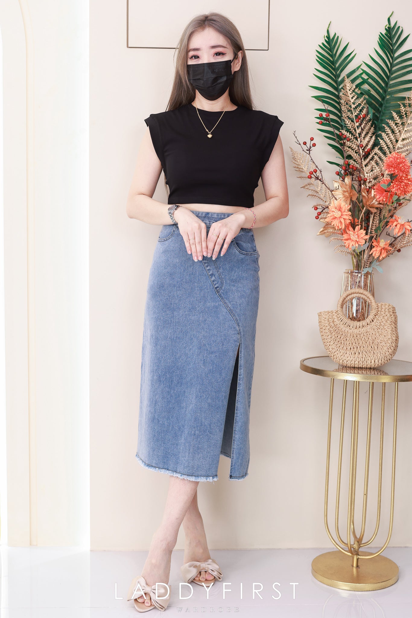 【L121417】高品质COTTON JEANS牛仔弹力韩系时尚开叉设计高腰裙子，有口袋 ❤️❤️
