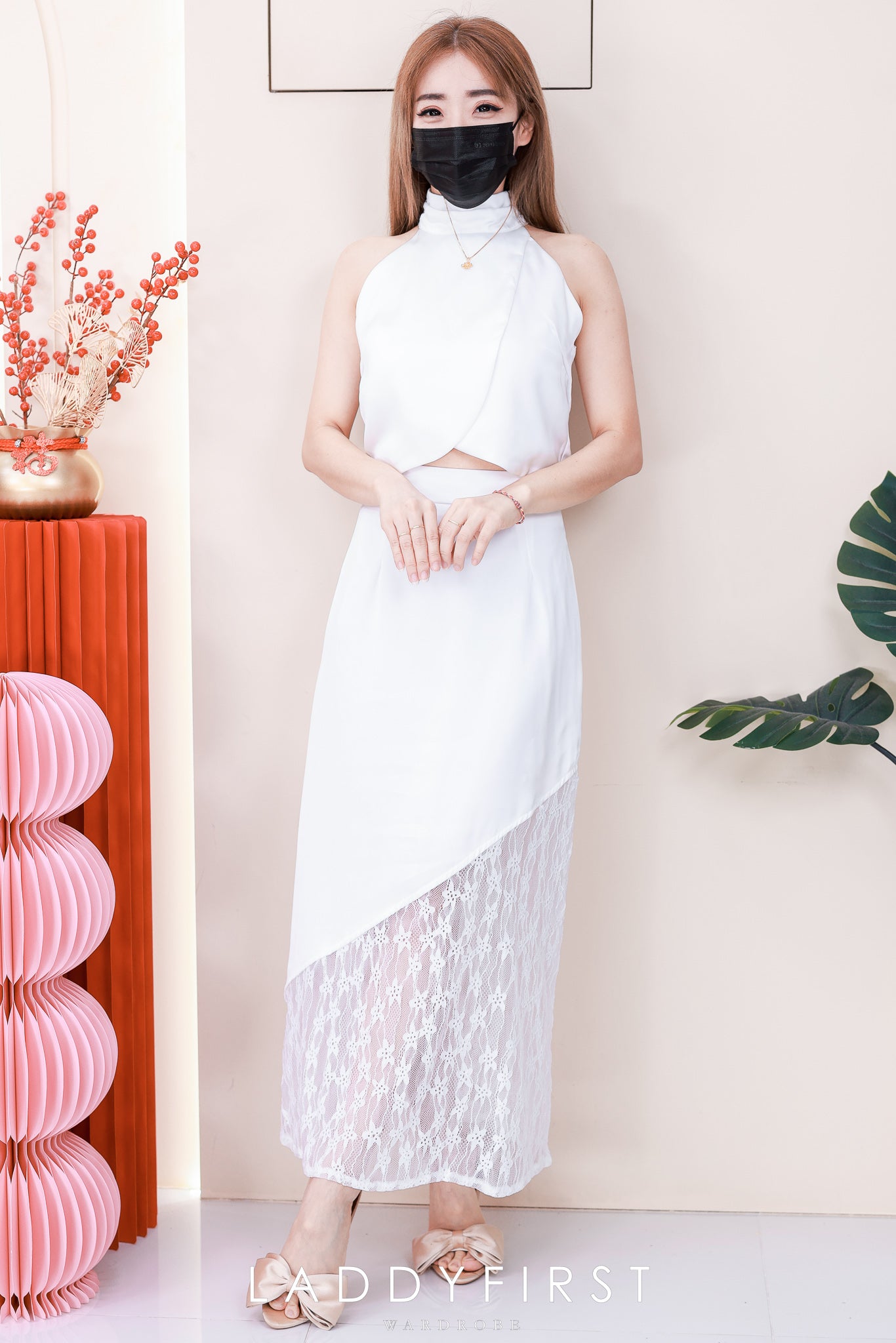 【SS6854】高品质两件式高级感晚宴缎面蕾丝套装 高领CUT IN缎面上衣➕缎面拼接蕾丝长裙 ❤️❤️