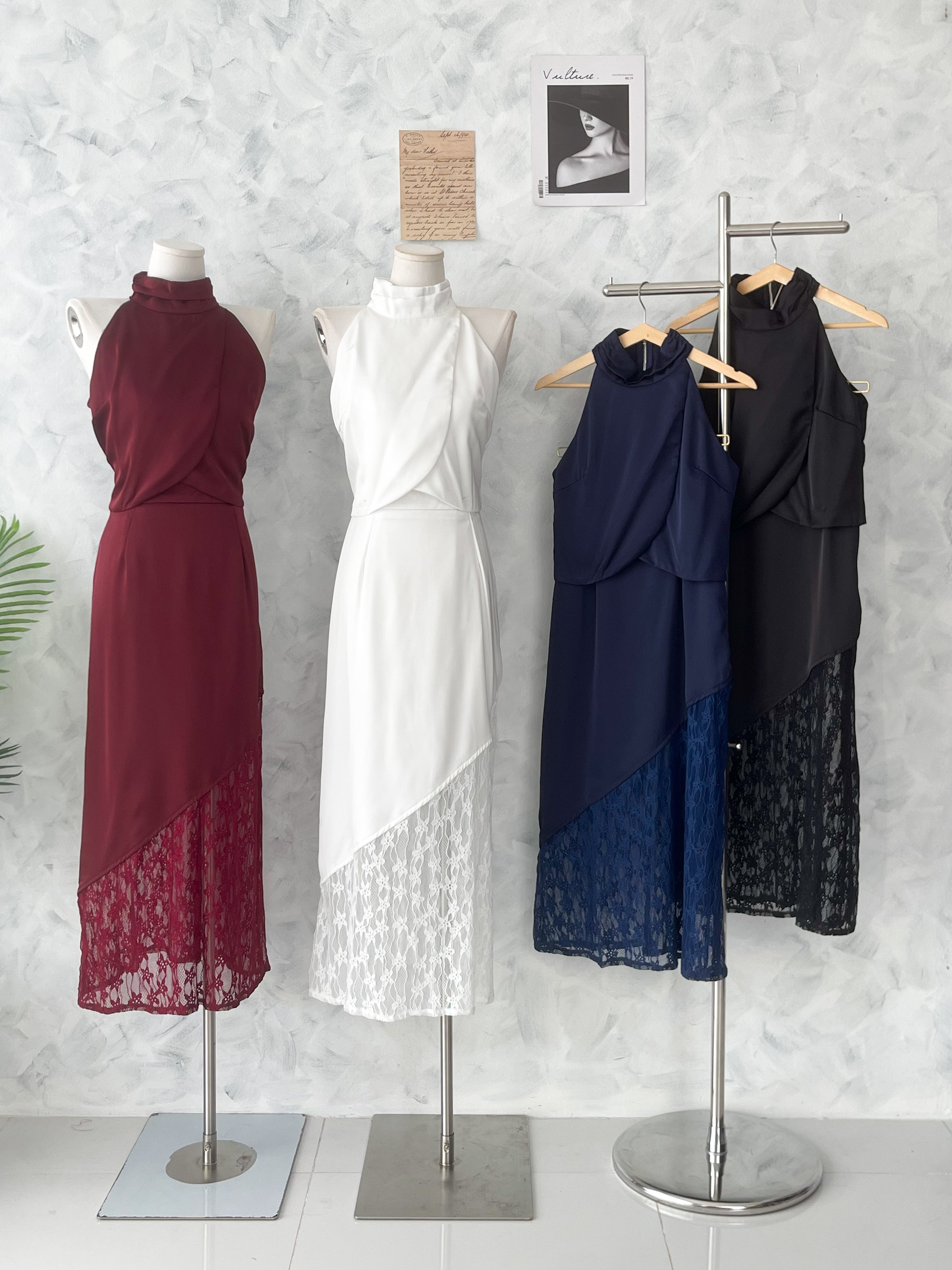 【SS6854】高品质两件式高级感晚宴缎面蕾丝套装 高领CUT IN缎面上衣➕缎面拼接蕾丝长裙 ❤️❤️