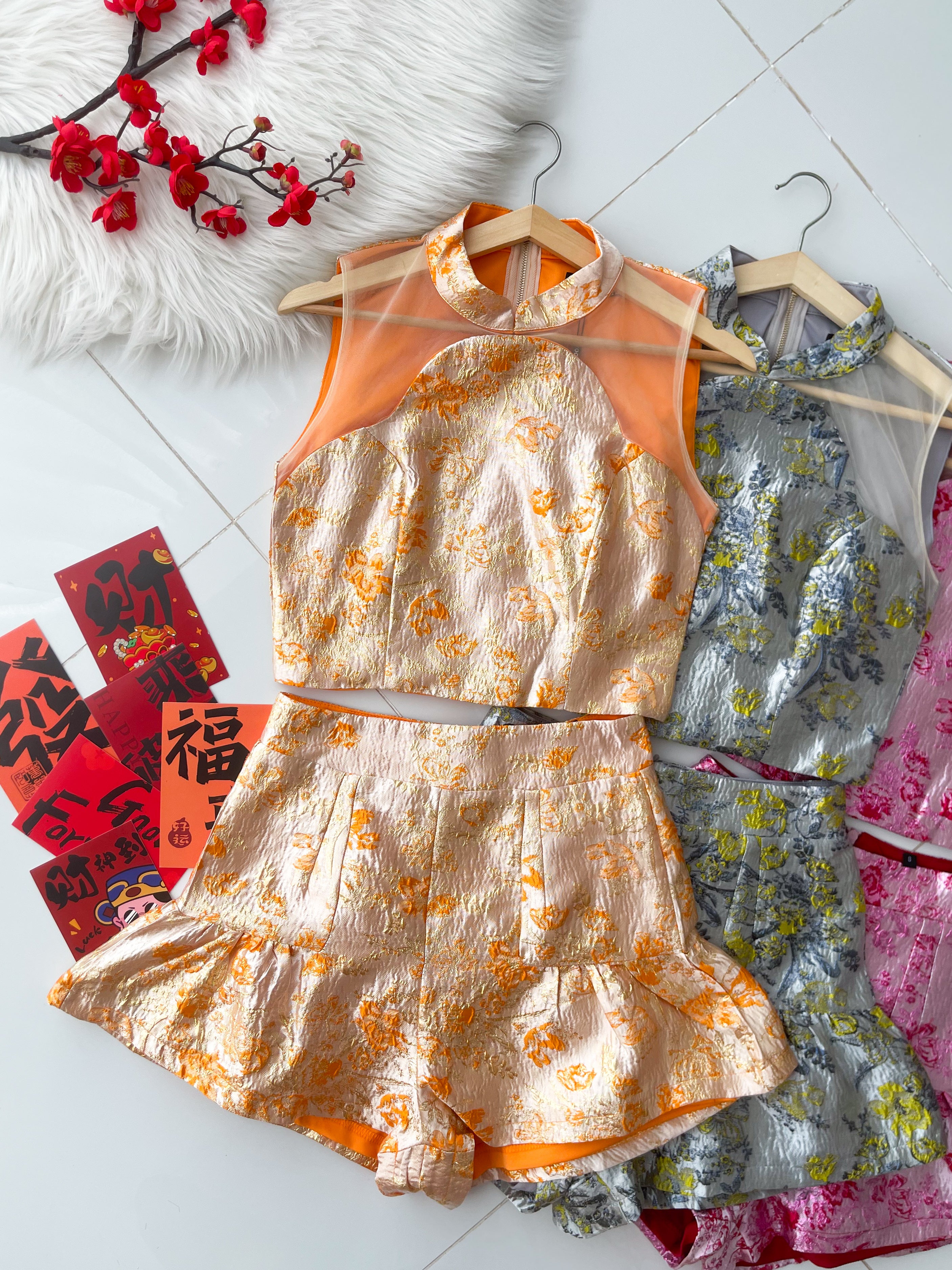 【SS8240071】高品质两件式高档新中式提花旗袍套装 提花拼接无袖网纱提花旗袍上衣➕提花高腰裤裙 ❤️❤️