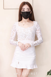 【SS8228371】LFW独家小圆饼两件式时装套装 名媛长袖蕾丝上衣➕皱褶荷叶边西装裙子，内层里布短裤【D-R3-C1】