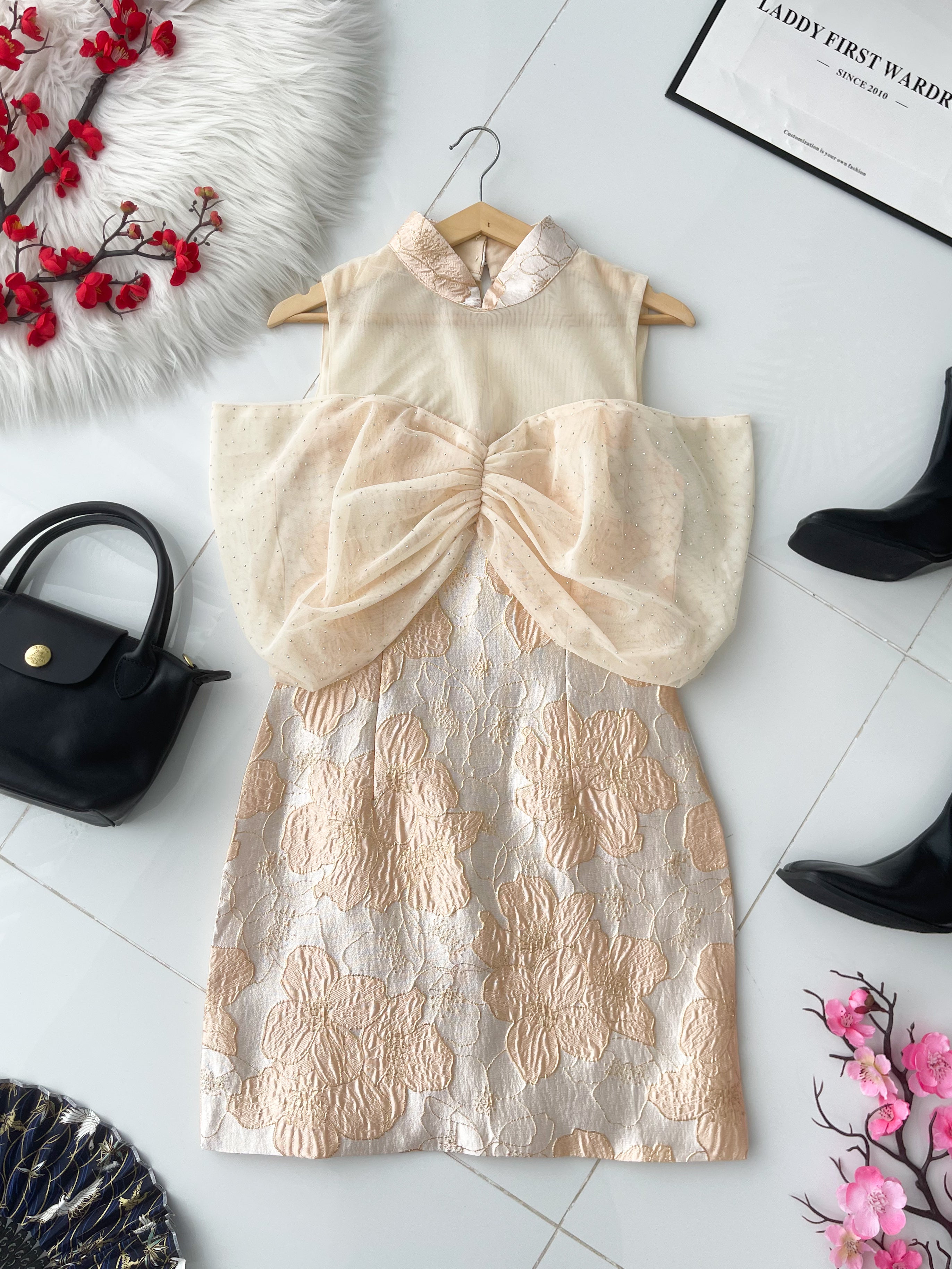 【D8238901】⚡️精选预定款⚡️高品质高端气质拼接网纱蝴蝶结提花旗袍连身裙子 ❤️❤️