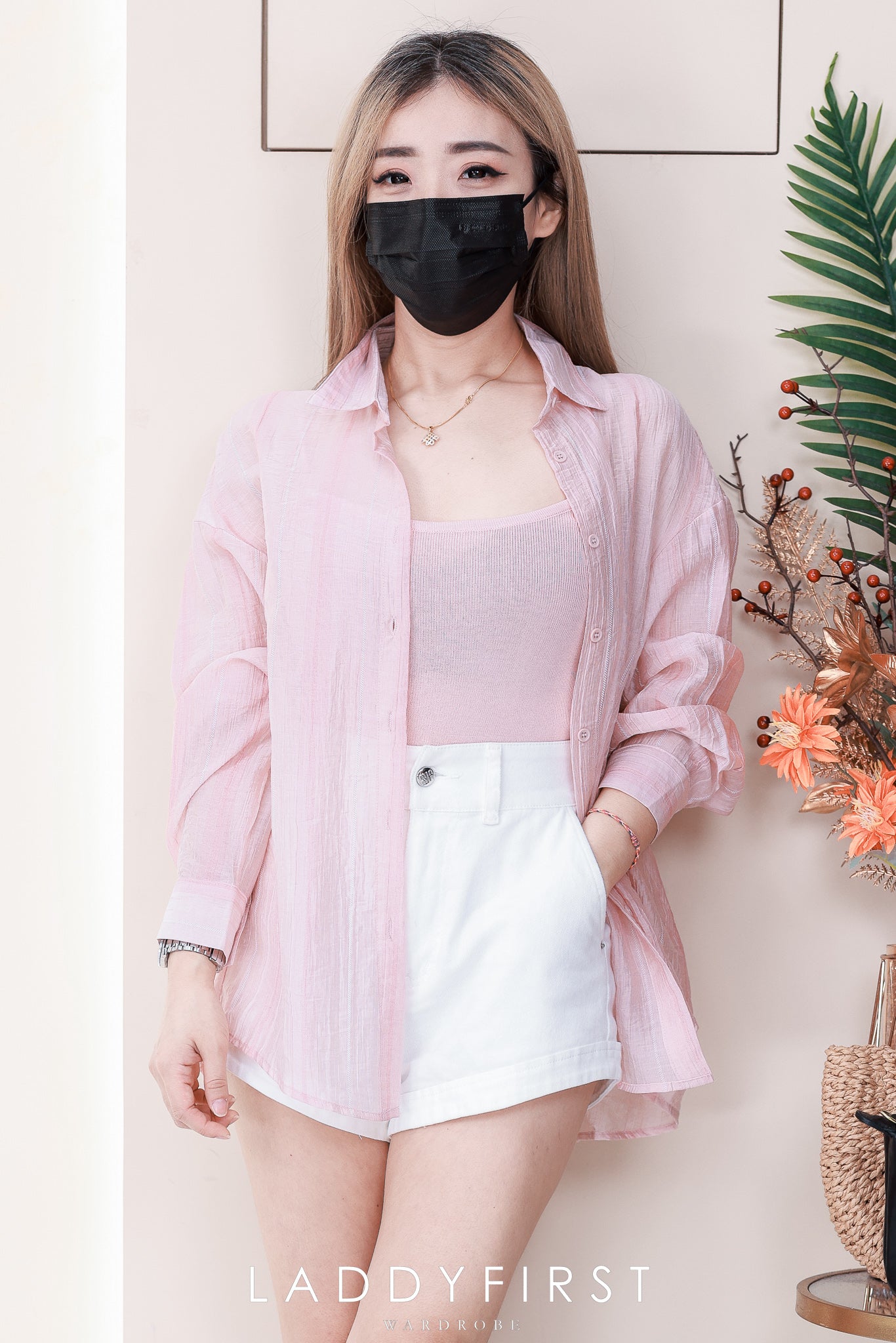 【T8845】高品质两件式韩风轻薄衬衫长袖上衣➕针织弹力内搭上衣  🎁 附送发圈 ❤️