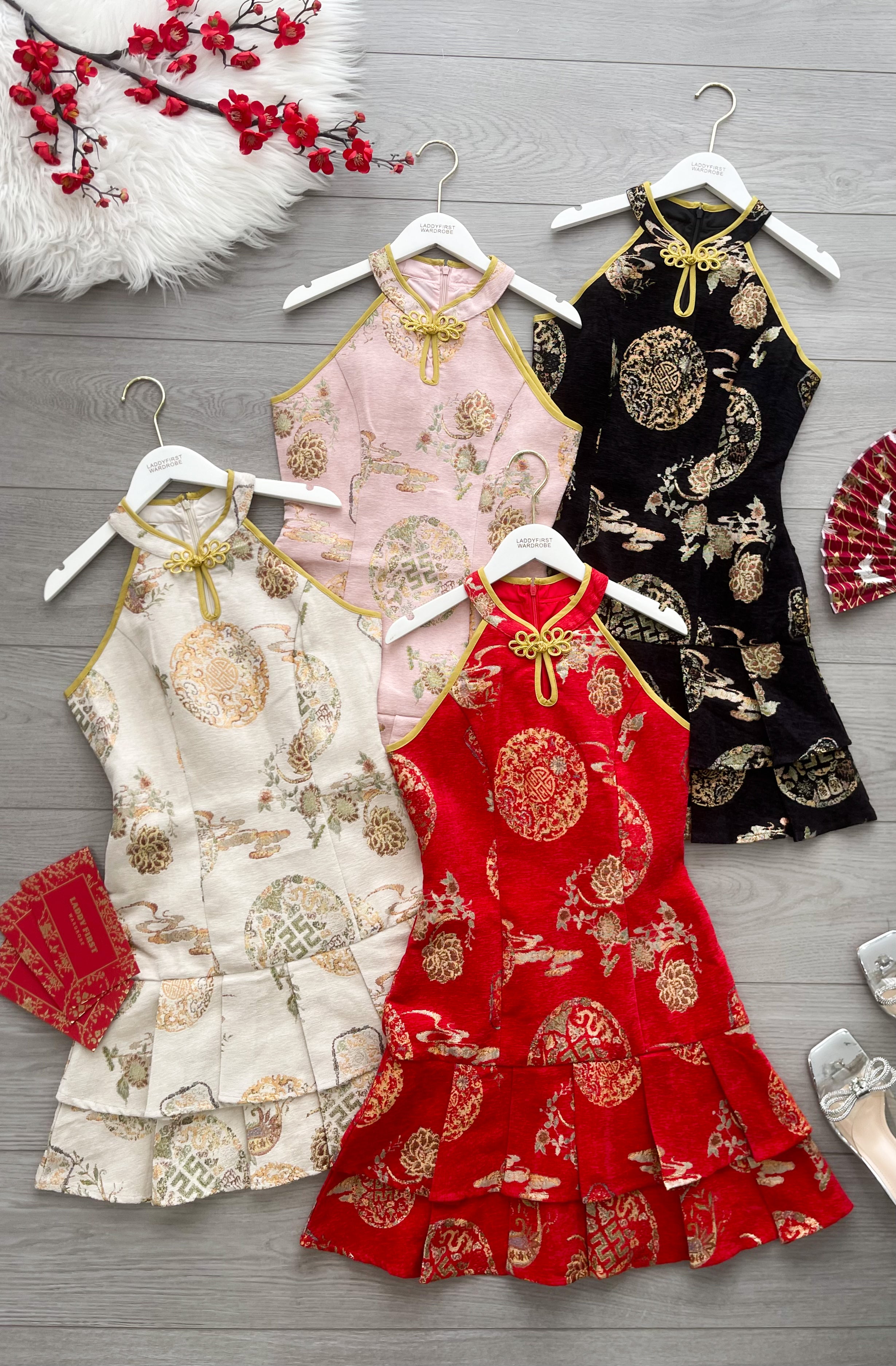 【D2606】高品质复古国风雪尼尔双层百褶CUT IN提花旗袍连身裙子 ❤❤