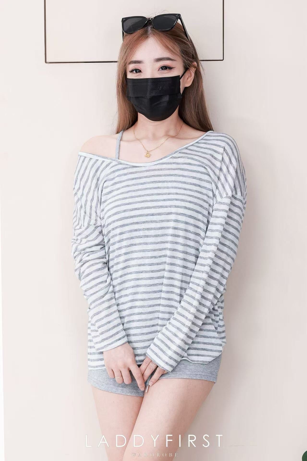 【SS695】高品质三件套韩式时尚套装 交叉无袖肩带内搭上衣➕长袖上衣➕抽绳松紧弹力高腰百搭短裤，有口袋❤️❤️
