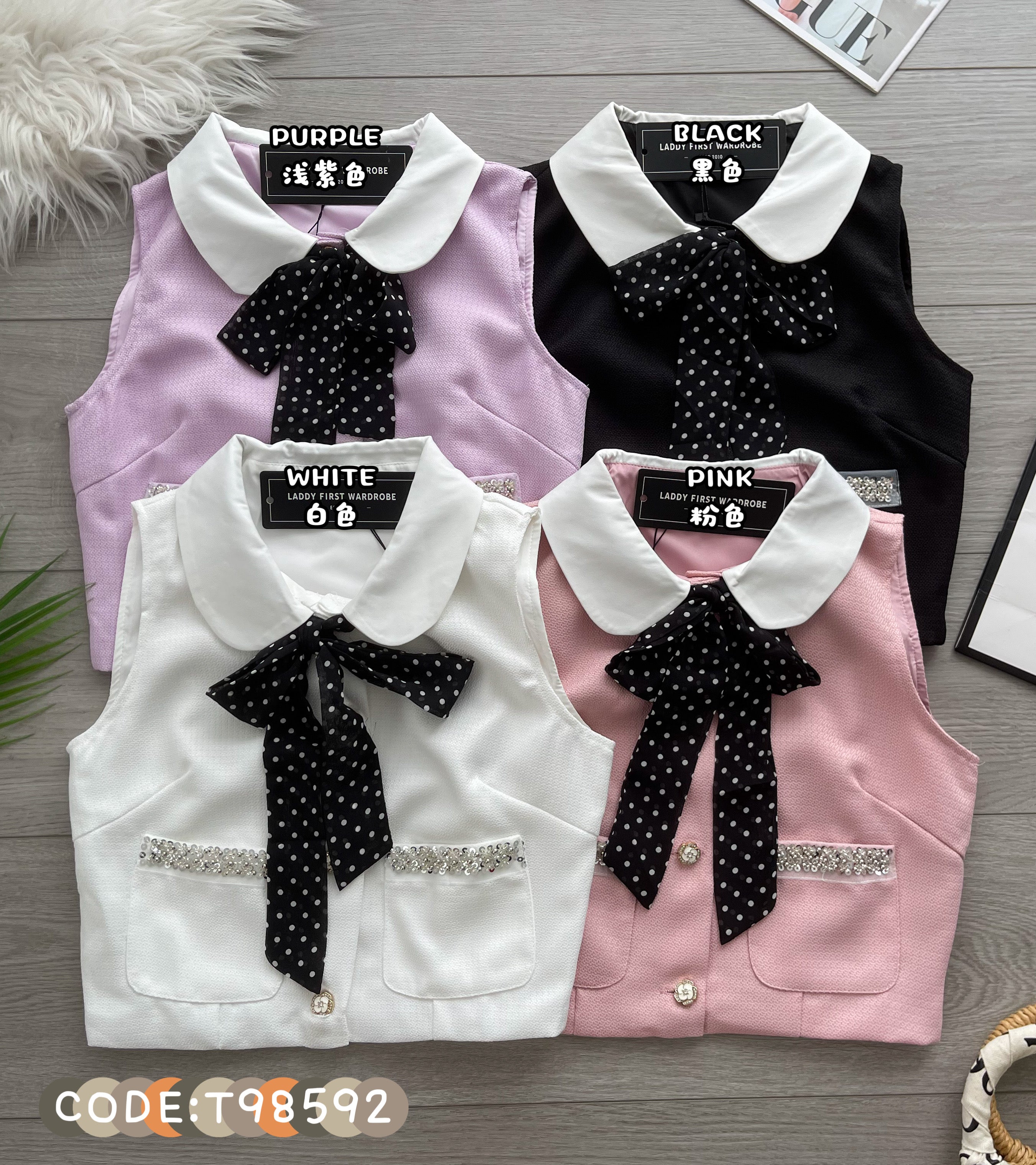 【T98592】高品质甜美温柔小香风马甲式蝴蝶结设计上衣 ❤️❤️
