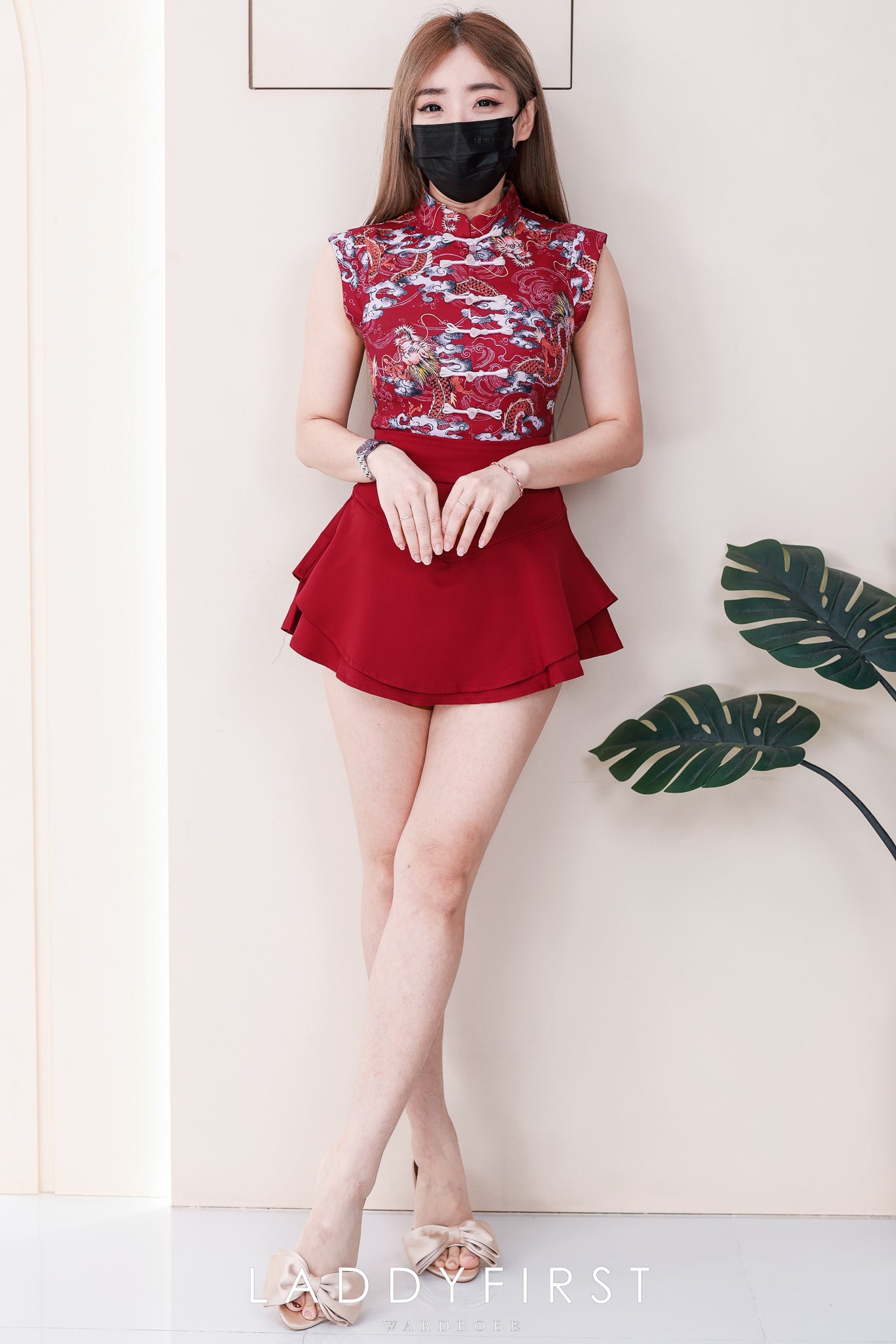 【SS3508】【LFW独家小圆饼】高品质两件式祥龙🐉图腾国潮唐装旗袍套装 立领盘扣无袖旗袍上衣➕假两件式西装高腰裤裙 ❤️❤️