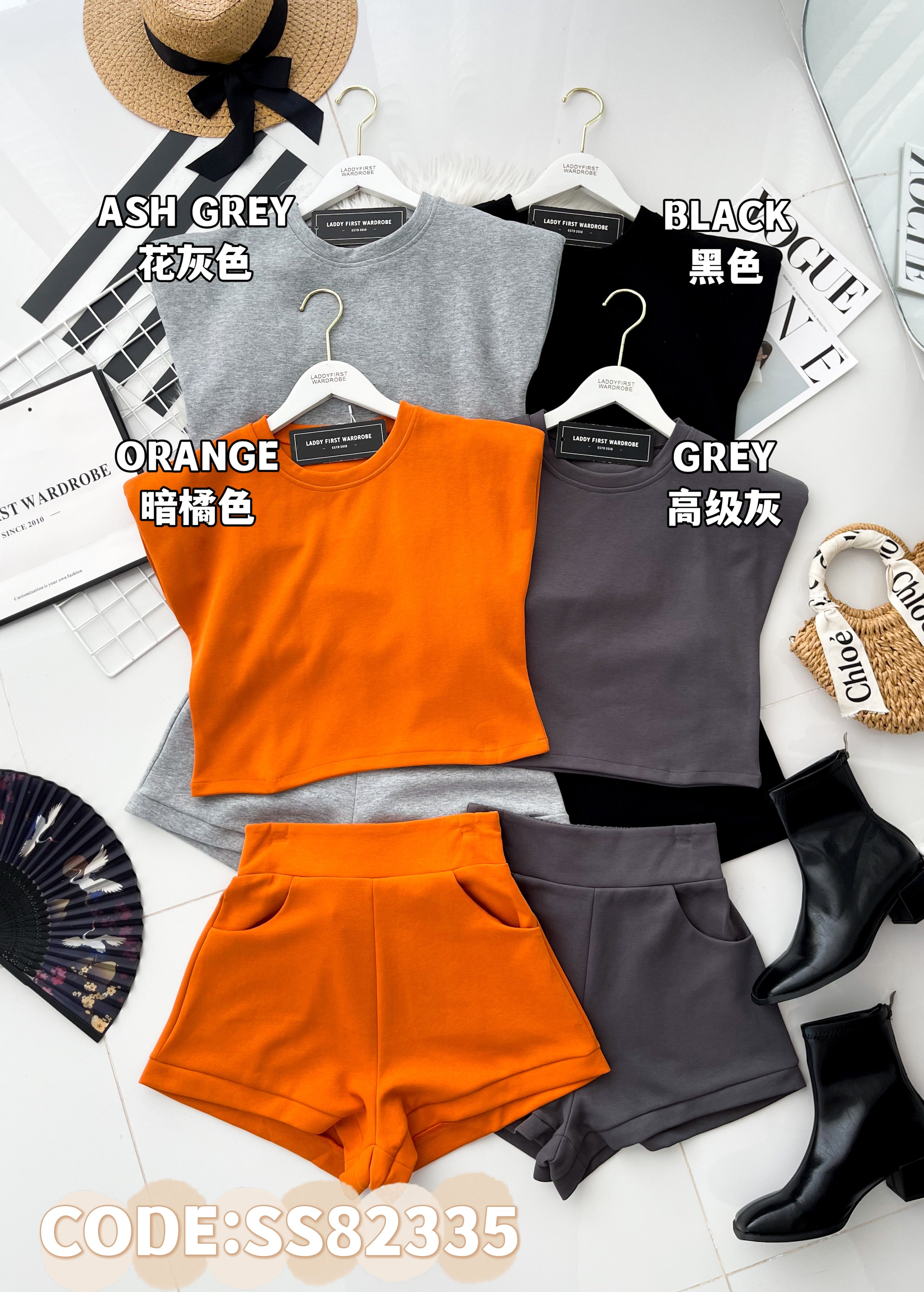 【SS82335】高品质两件式纯棉休闲简约百搭套装 宽松版短袖百搭上衣，有肩垫➕松紧腰弹力休闲百搭短裤，有口袋 ❤️❤️