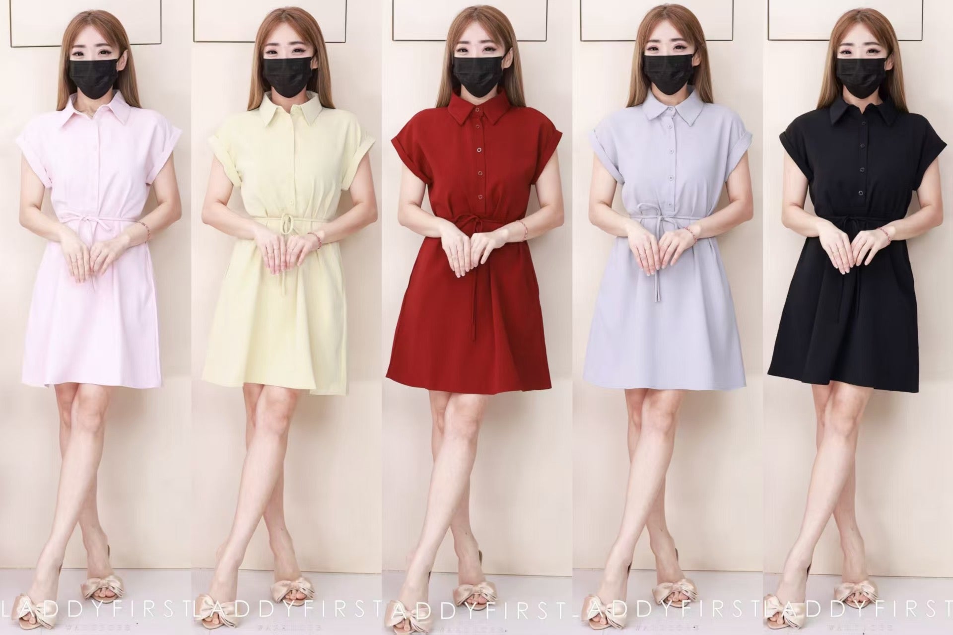 【D1783】独家爆款高品质翻领短袖收腰自绑细带西装垂感慵懒休闲风连身裙子，有口袋 ❤️❤️【A-R2-C1】