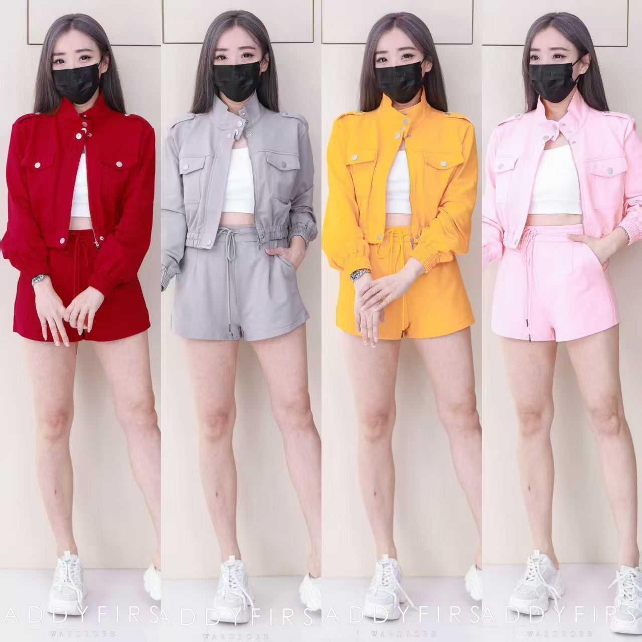 【SS3514】【LFW独家小圆饼】高品质两件式卫衣棉时尚气质休闲百搭套装 翻领长袖上衣/外套➕松紧腰休闲高腰百搭短裤，有口袋 ❤️❤️