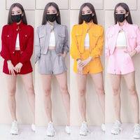 【SS3514】【LFW独家小圆饼】高品质两件式卫衣棉时尚气质休闲百搭套装 翻领长袖上衣/外套➕松紧腰休闲高腰百搭短裤，有口袋 ❤️❤️ 【C-R2-C2】