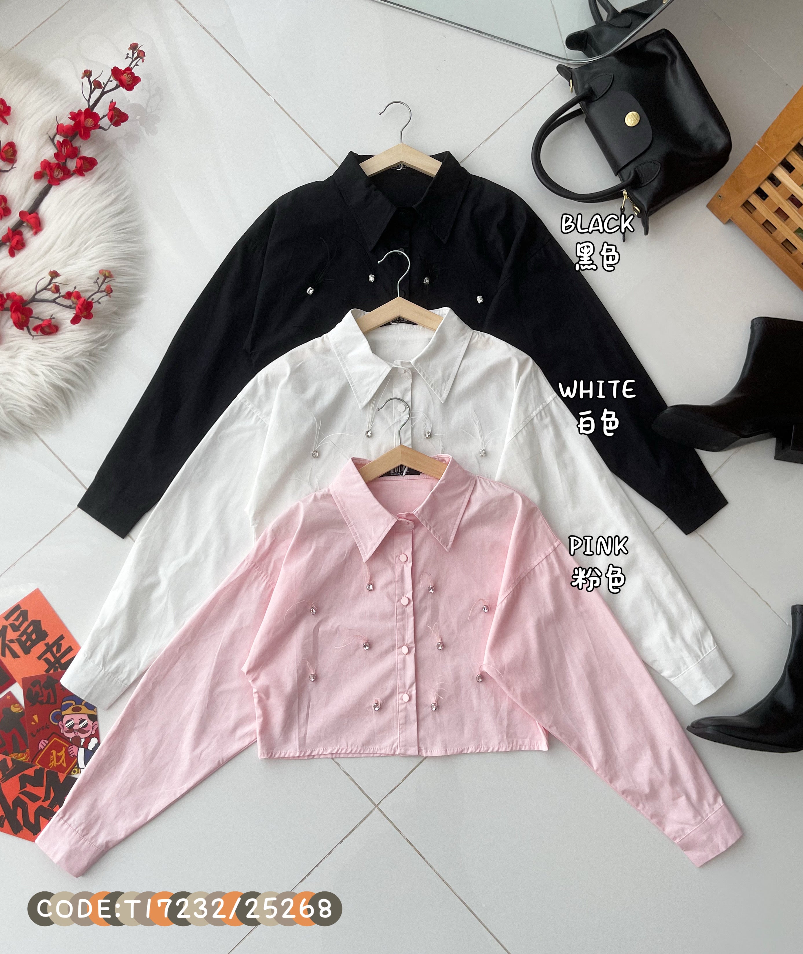 【T25268】高品质精致羽毛点缀拼接长袖衬衫短版上衣 ❤❤