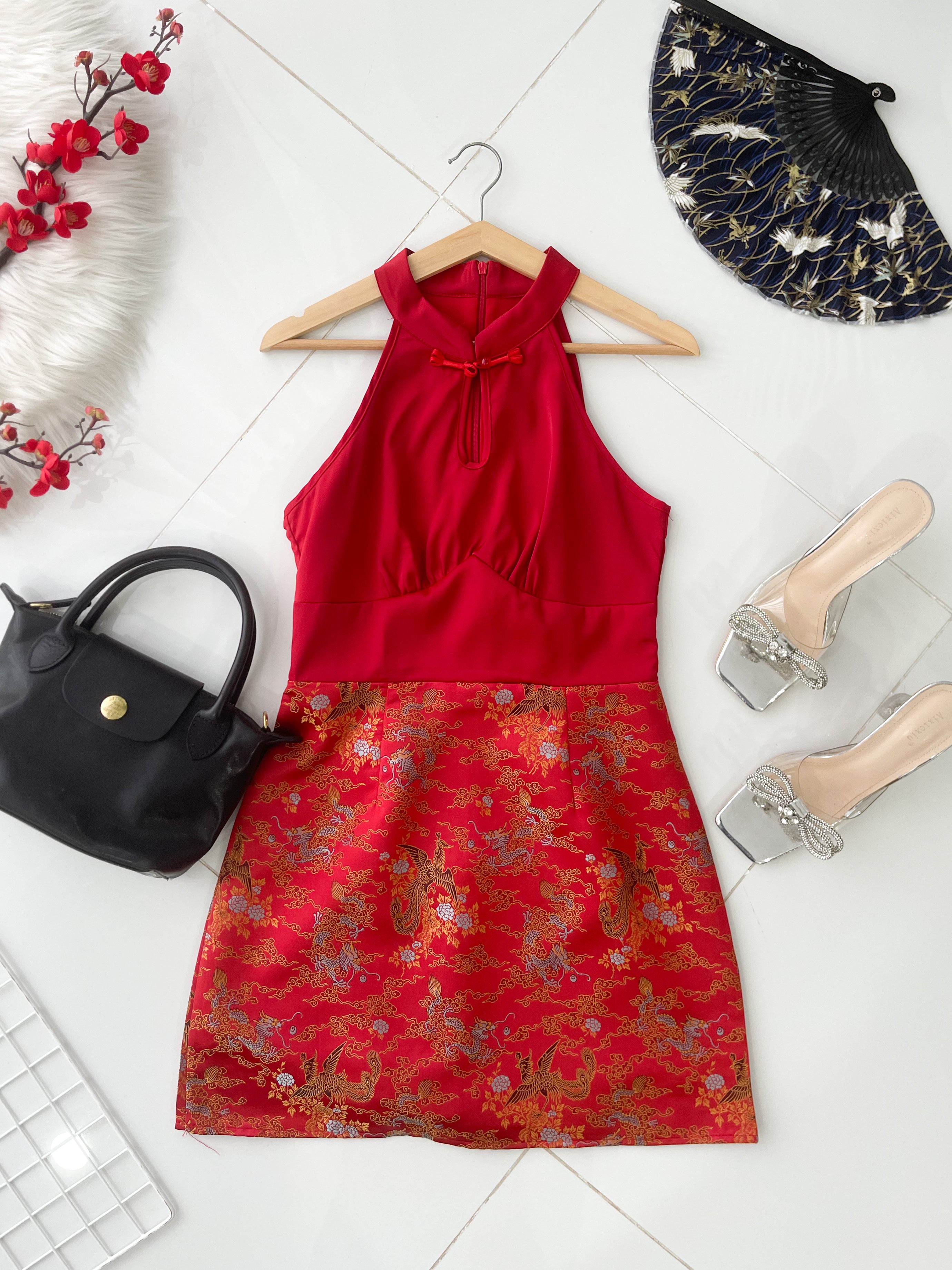 【D81689 / 37610】高品质高端气质缎面拼接提花无袖旗袍连身裙子 ❤❤【B-R1-C5】