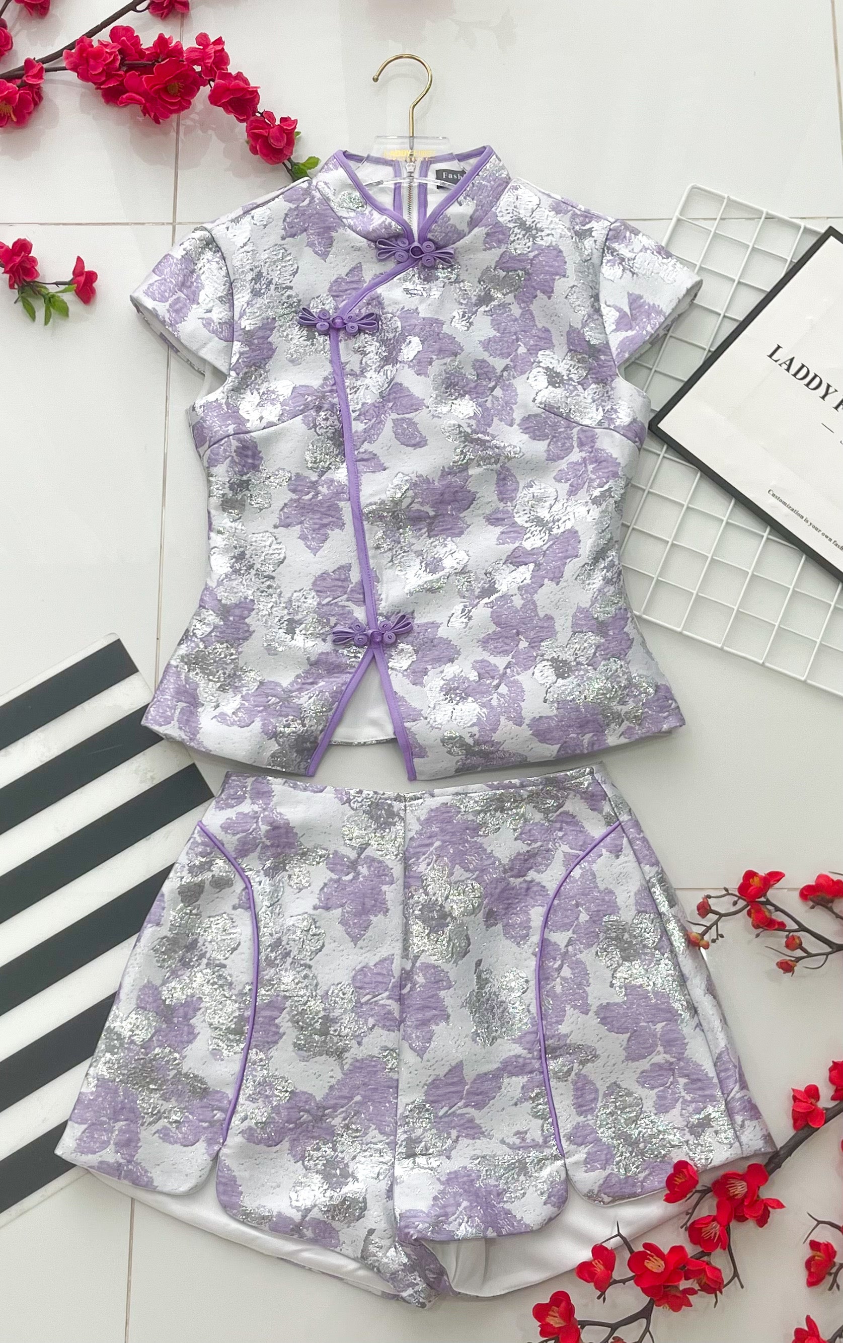 【SS55350】高品质两件式高端气质浮雕提花旗袍套装 提花旗袍上衣➕提花高腰短裤 ❤️❤️【A-R2-C1】