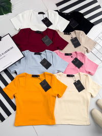 【T50152】LFW独家爆款高品质无痕双层方领短袖纯棉弹力简约日常百搭款上衣 ❤❤ 【A-R1-C3】