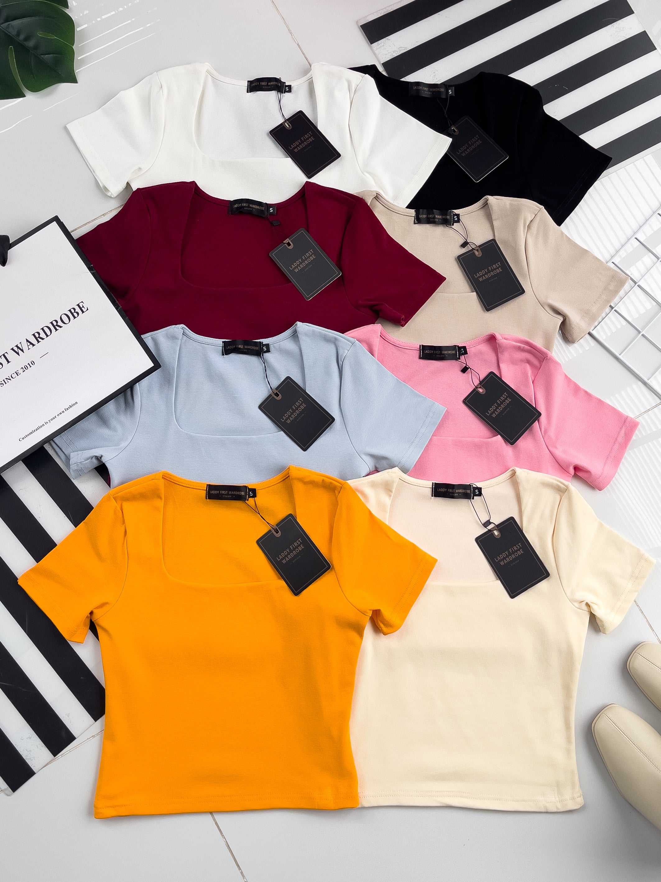 【T50152】LFW独家爆款高品质无痕双层方领短袖纯棉弹力简约日常百搭款上衣 ❤❤ 【A-R1-C3】