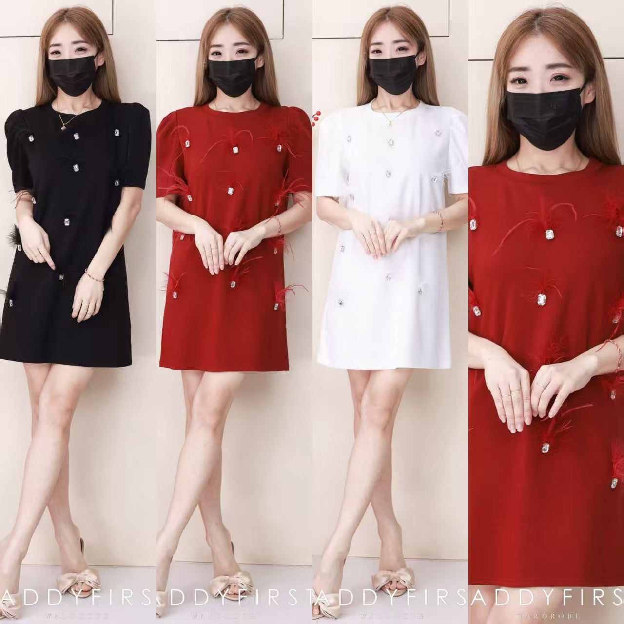 【D8897】高品质贵气感空气棉拼接砖石羽毛连身裙子 ❤❤【B-R1-C2】