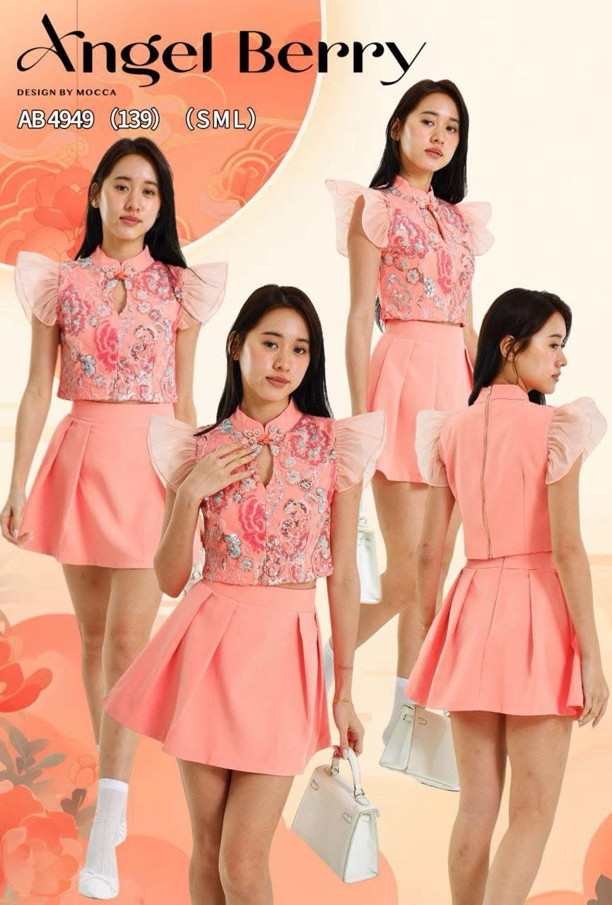 【SS8238811】高品质两件式重工新中式气质旗袍套装 锦棉拼接亮片旗袍上衣➕西装高腰百搭裙子，内层有里布短裤 ❤️❤️【A-R1-C5】