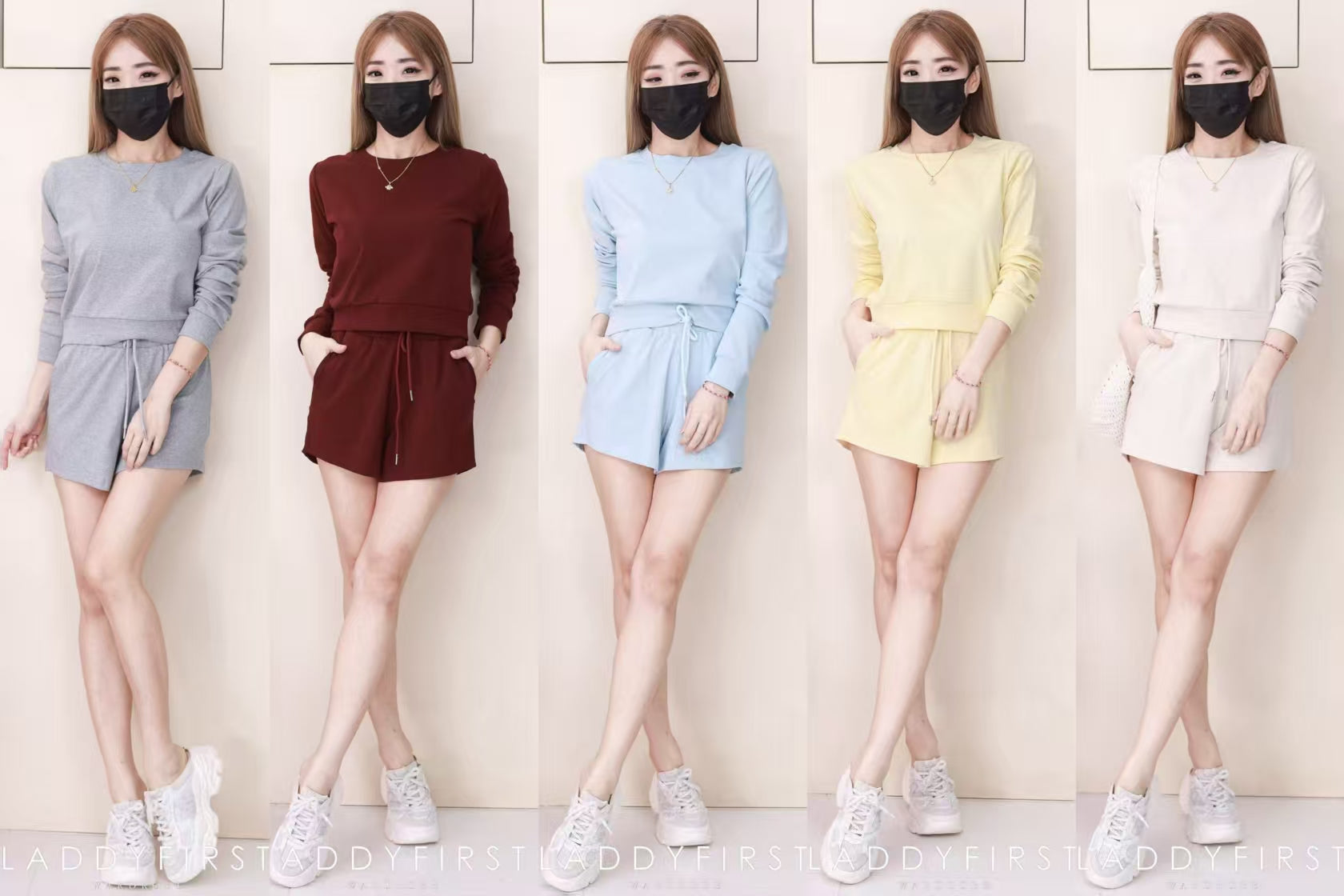 【SS823740】高品质两件式纯棉简约休闲百搭套装 宽松版休闲百搭长袖上衣➕松紧腰弹力休闲短裤，有口袋 ❤️❤️【B-R1-C4】