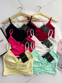 【T3358】V领小皱褶设计细带无袖纯棉弹力内搭上衣 ❤❤【A-R2-C2】