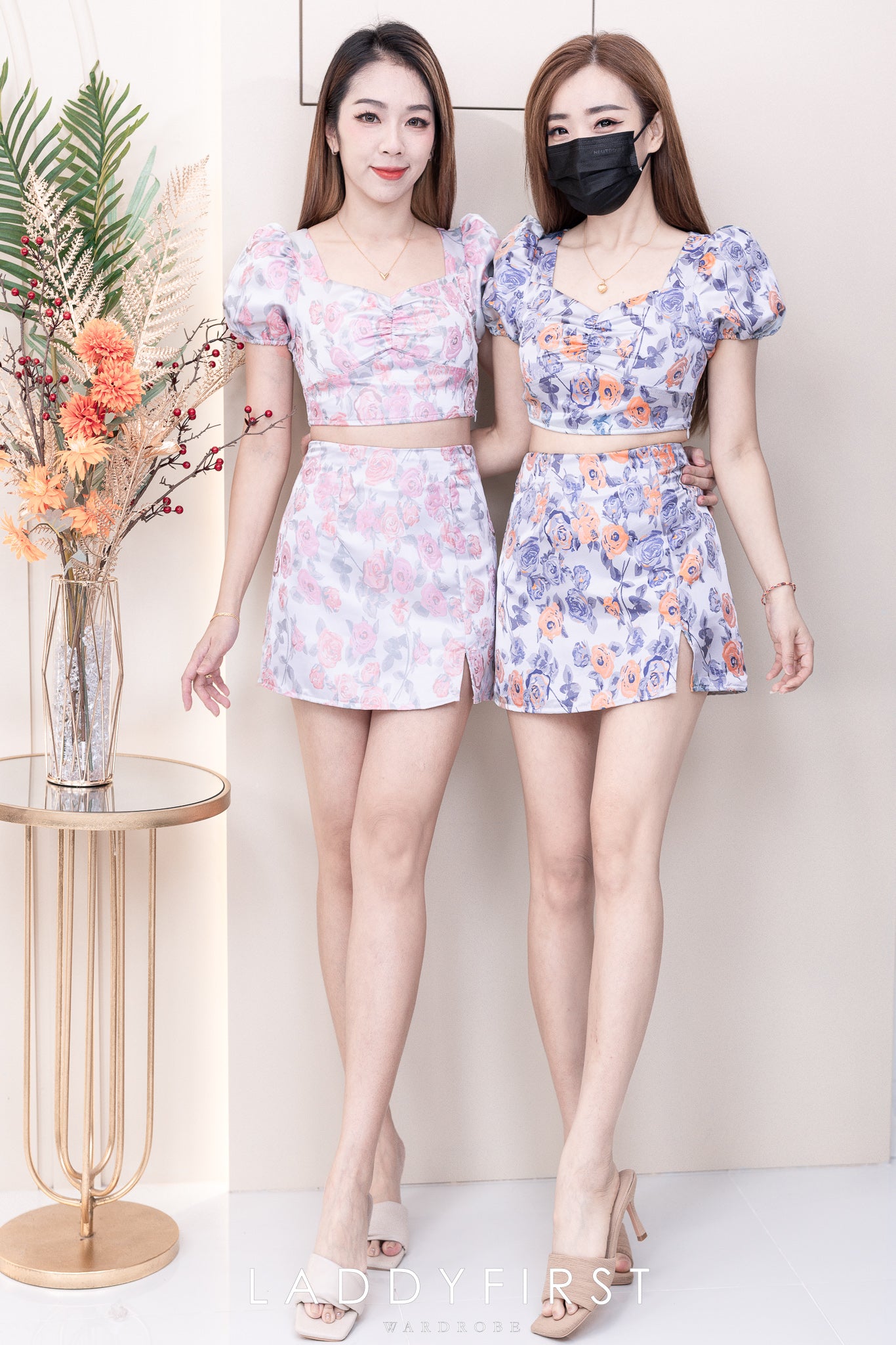 【SS112327】两件式提花旗袍时装套装 胸中皱褶设计泡泡袖上衣➕提花高腰裙子，内层有里布短裤 ❤️❤️