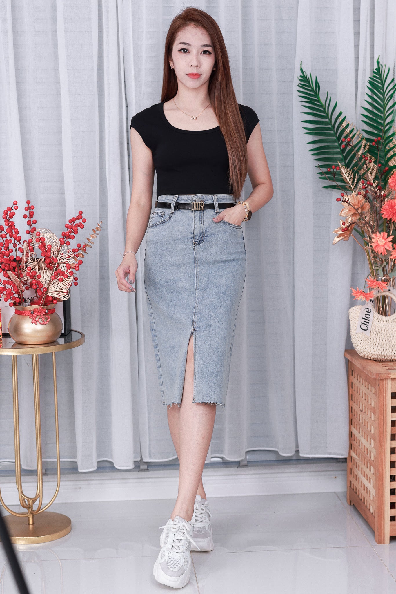 【L765】高品质COTTON JEANS牛仔弹力韩版七分高腰开叉裙子，有口袋 ❤️❤️