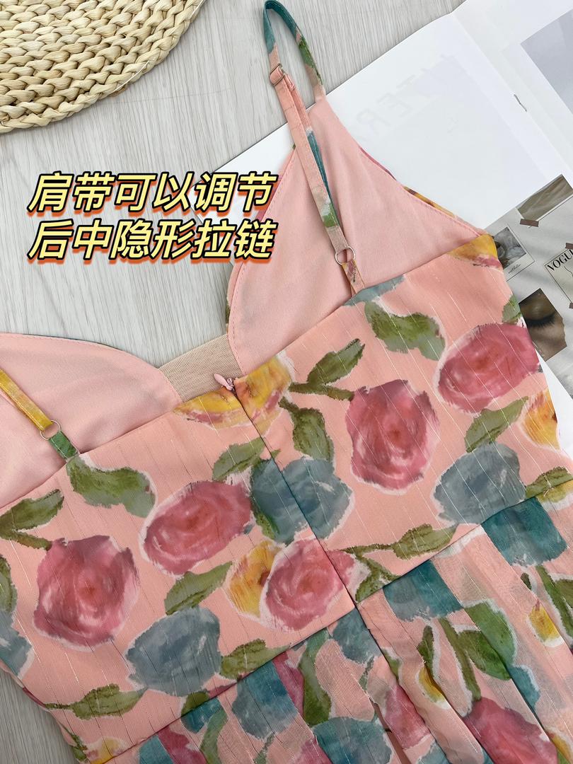 【D4423044】仙女甜美碎花肩带雪纺连身裙子，肩带可自行调节