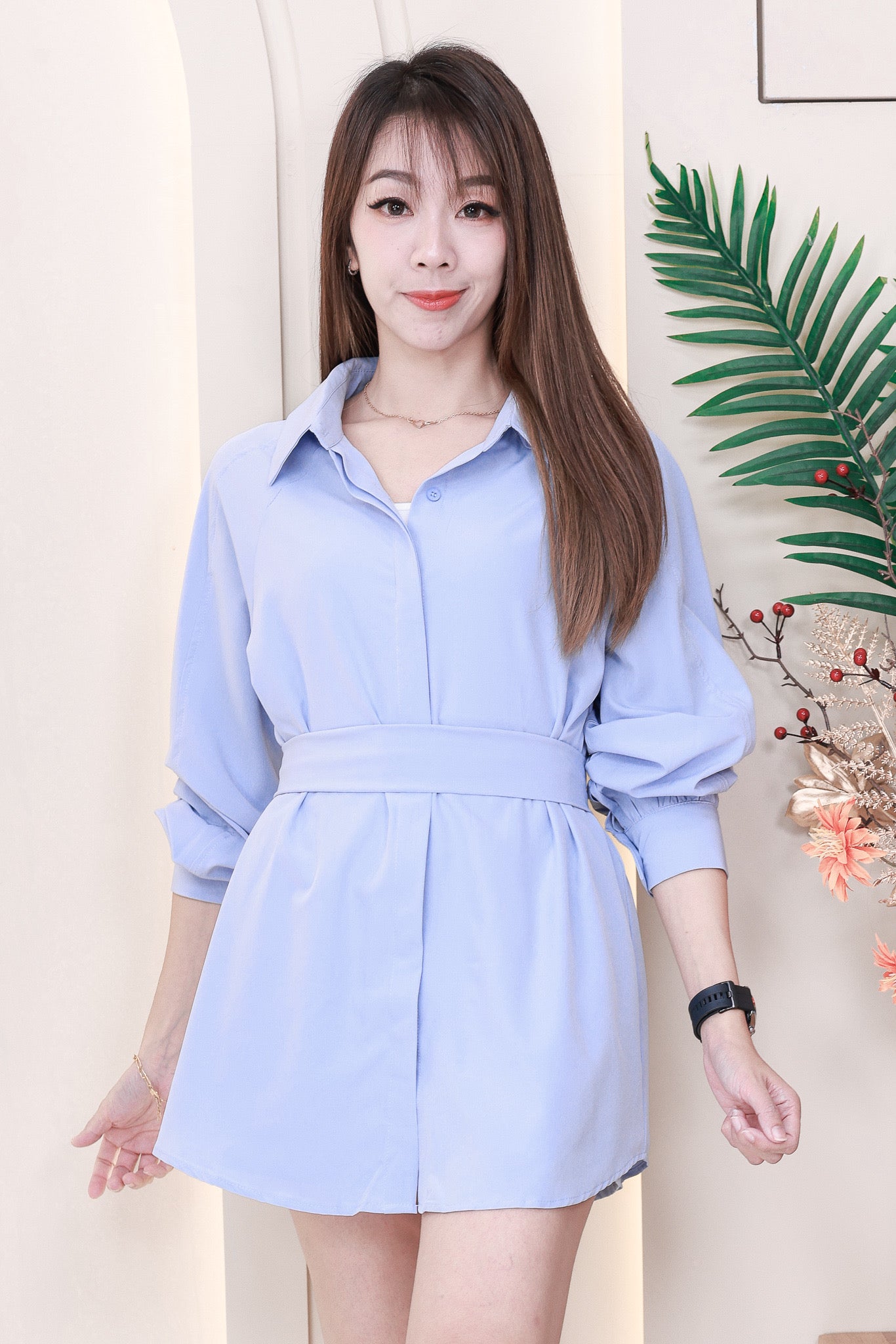 【SS16036】两件式法式高级感宽松衬衫套装 翻领长袖衬衫上衣，绑带收腰腰带➕高腰百搭短裤，后副伸缩弹力，有口袋 ❤️❤️
