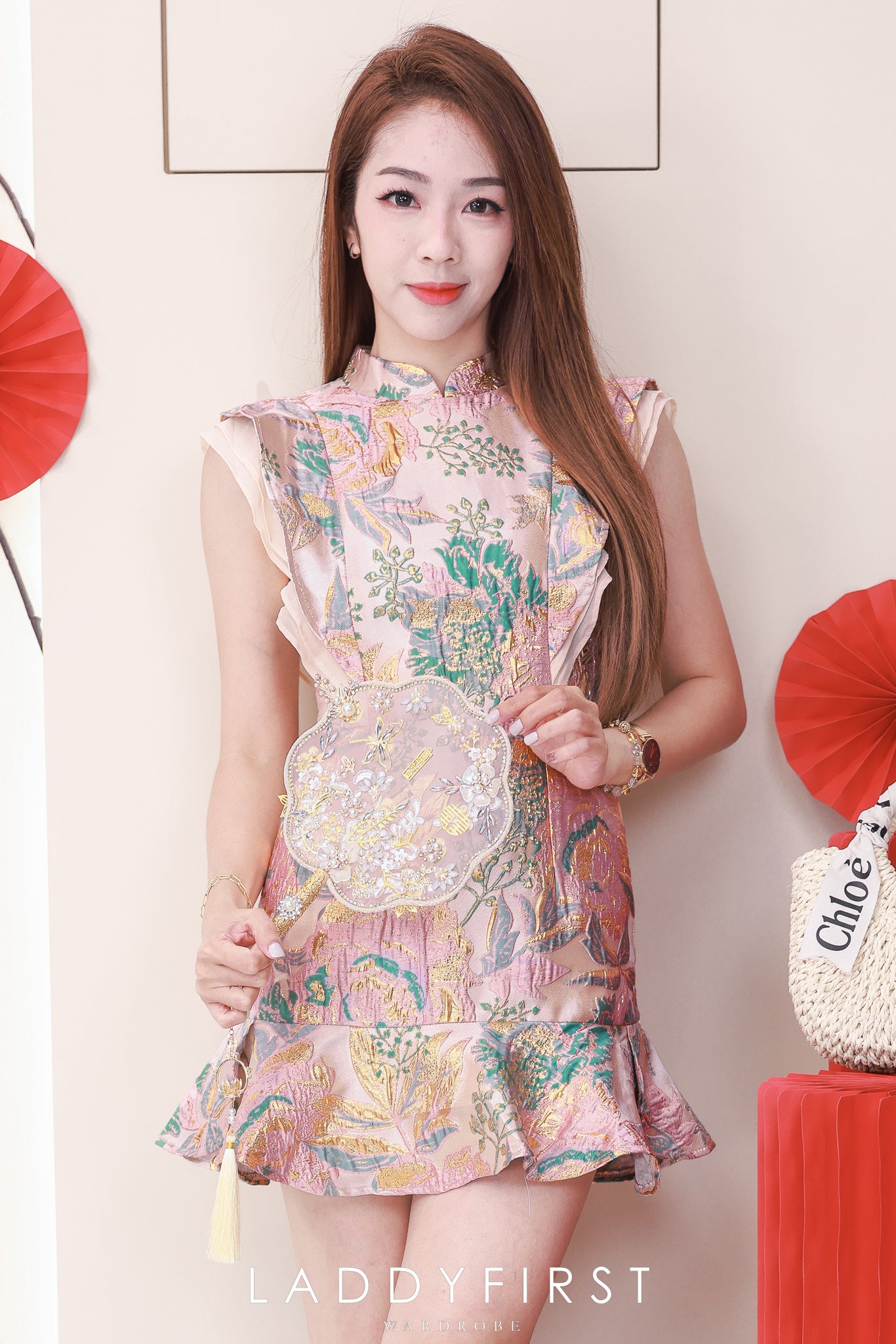 【D22346】高品质高端气质无袖荷叶边提花旗袍连身裙子，内层有里布短裤 ❤❤