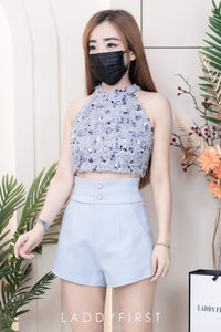 【SS3400】【独家小圆饼】两件式削肩套装 ,  鸵鸟毛拼接亮片Cut In上衣 ➕ 西装锦棉高腰显瘦短裤 , 有口袋【A-R2-C5】