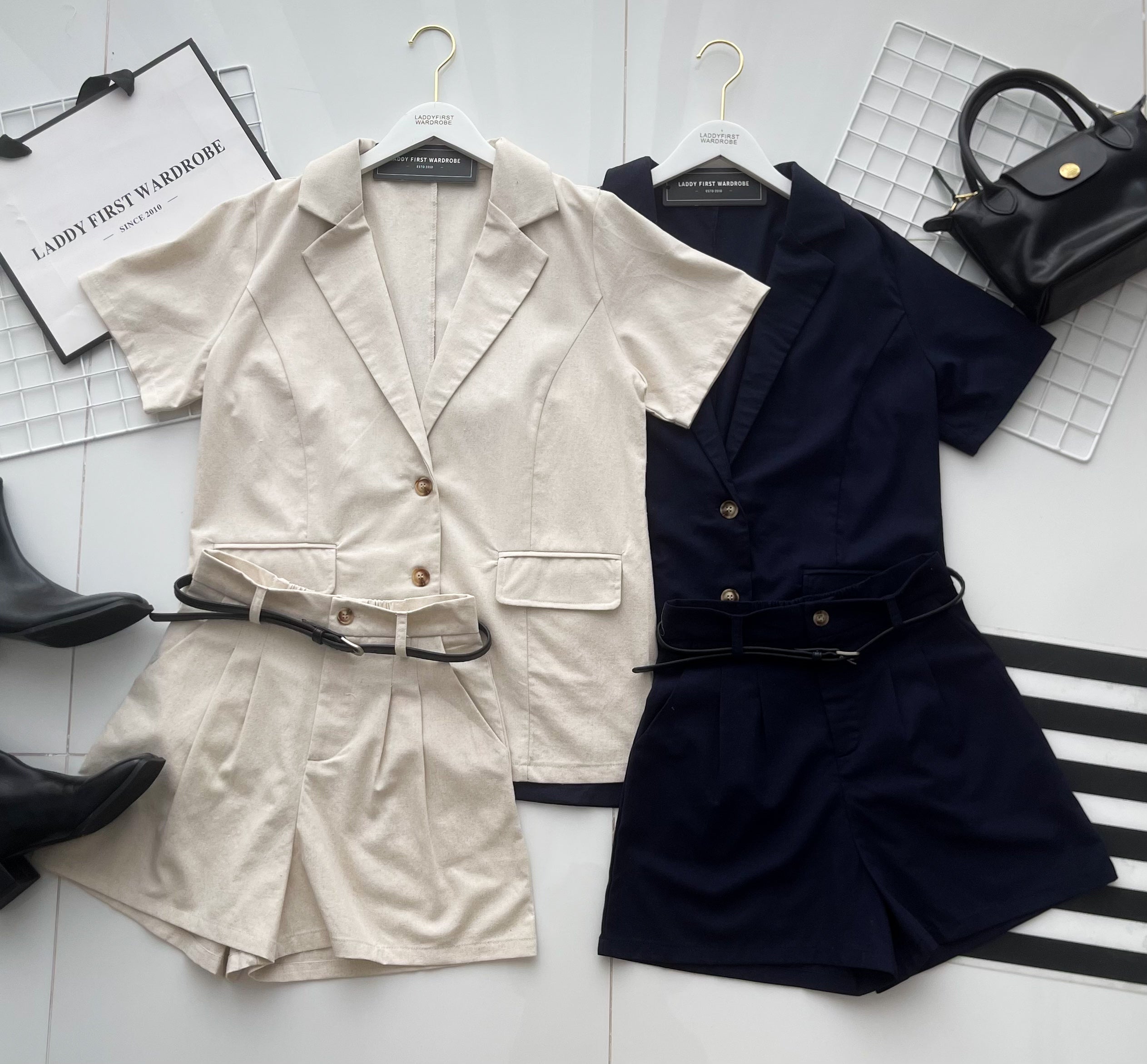 【SS82810】高品质韩系气质感棉麻西装套装 宽松大版型翻领上衣/外套➕四分高腰百搭短裤，有口袋，附送腰带 ❤️❤️