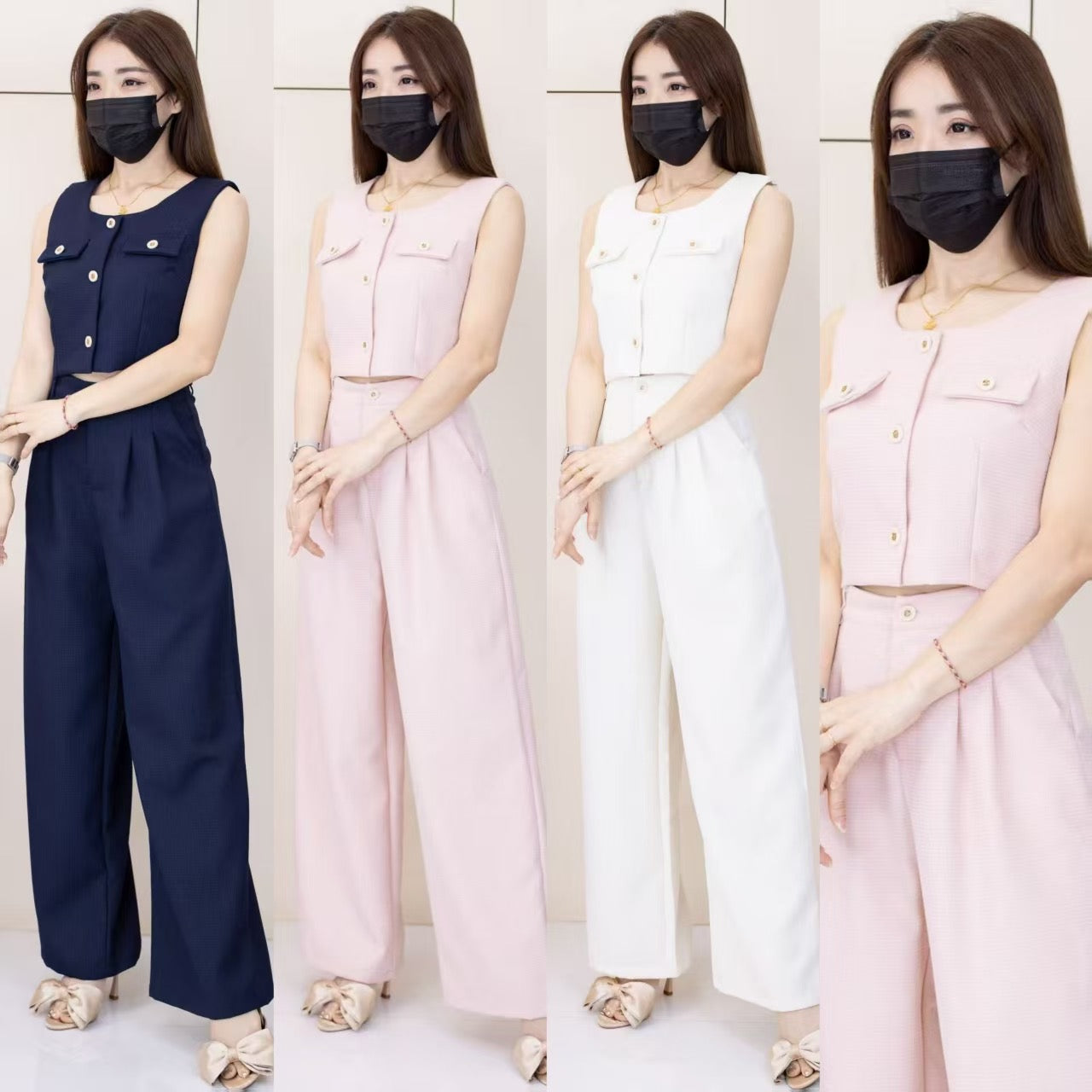 【SS21855 / 18678】高品质欧美式高级感小香风时尚套装 翻领无袖小香风上衣➕小香风阔脚高腰长裤，后副有伸缩弹力有口袋 ❤️❤️【D-R1-C1】