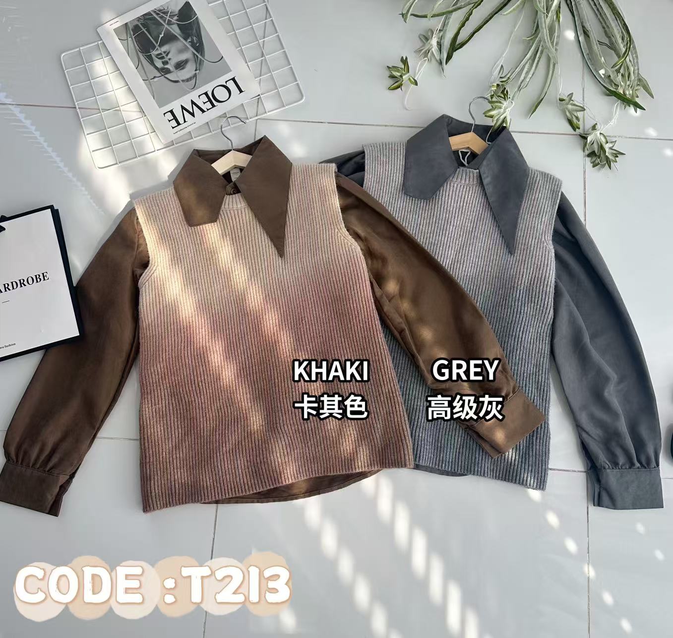 【T213】高品质假两件式韩版上衣  双色无袖针织上衣➕翻领长袖宽松长袖上衣 ❤❤