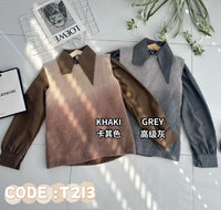 【T213】高品质假两件式韩版上衣  双色无袖针织上衣➕翻领长袖宽松长袖上衣 ❤❤ 【B-R1-C3】