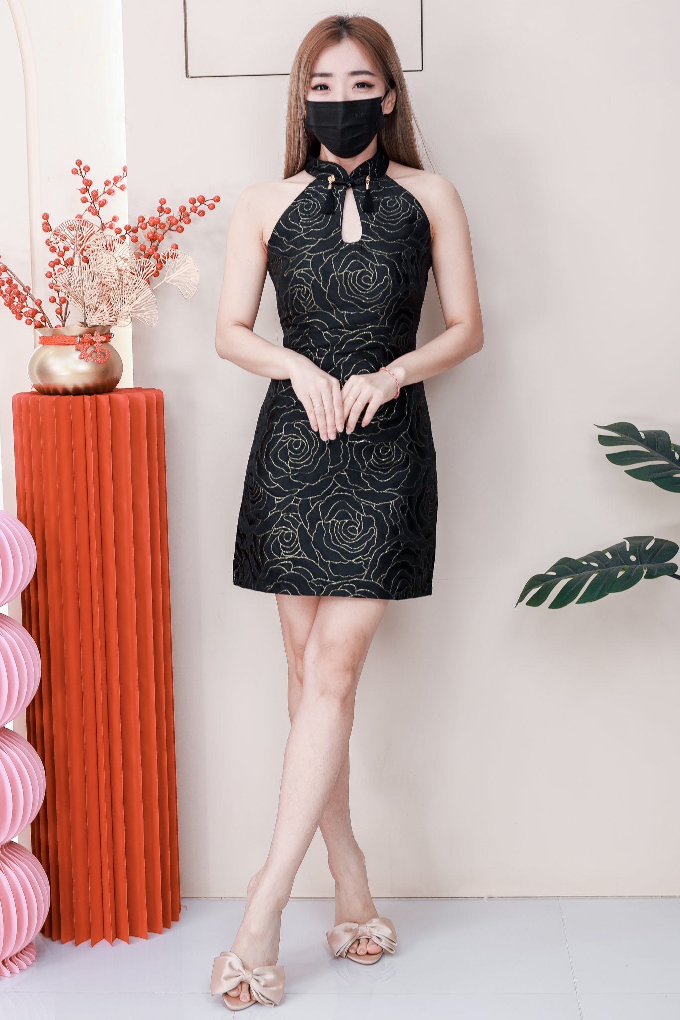 【D8238131】高品质复古国风金线提花无袖CUT IN旗袍连身裙子 ❤❤